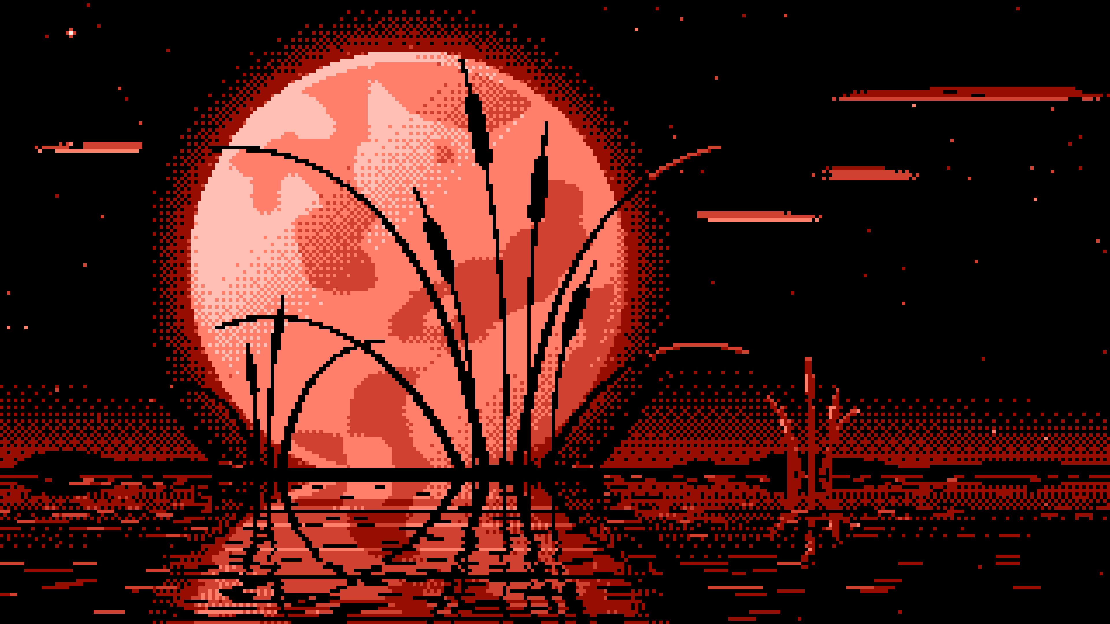Coral Pixel Art Cattails and Full Moon desktop wallpaper in 4K
