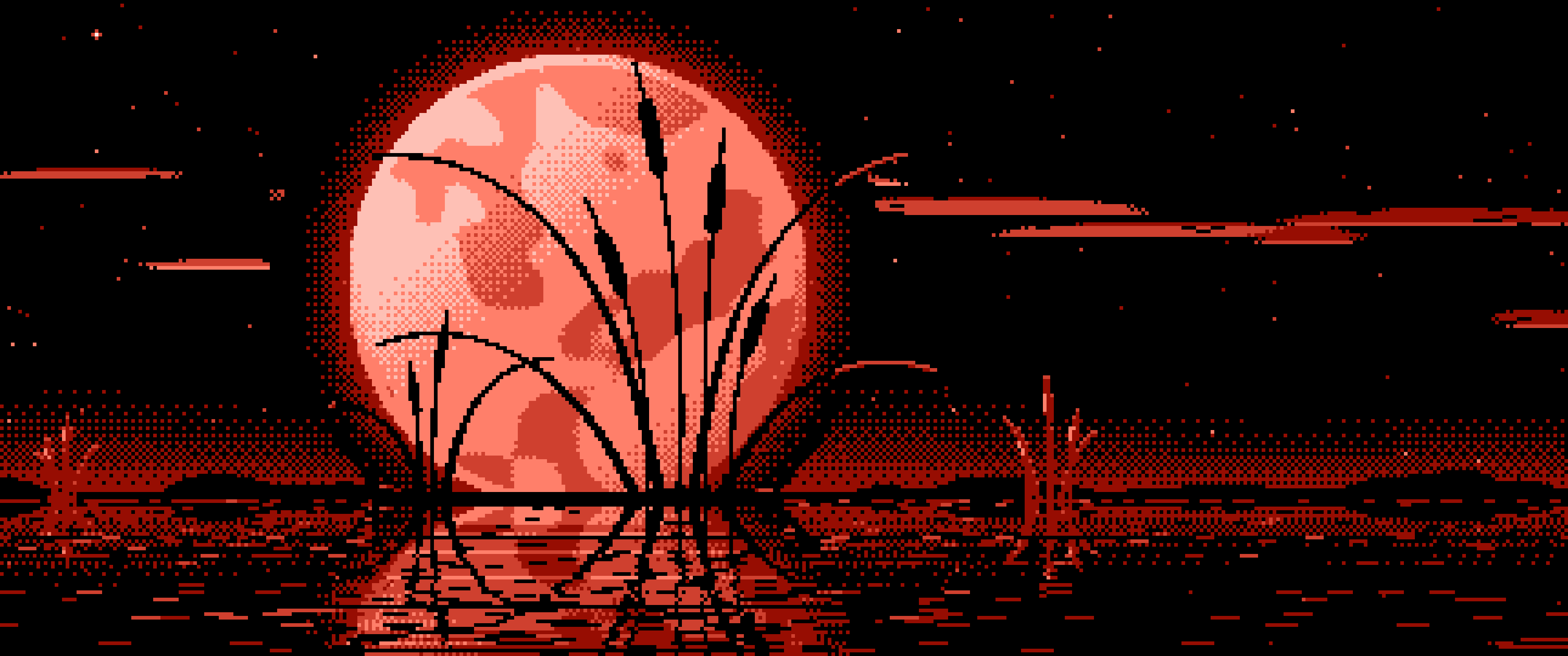 Coral Pixel Art Cattails and Full Moon ultrawide wallpaper, 3440 × 1440