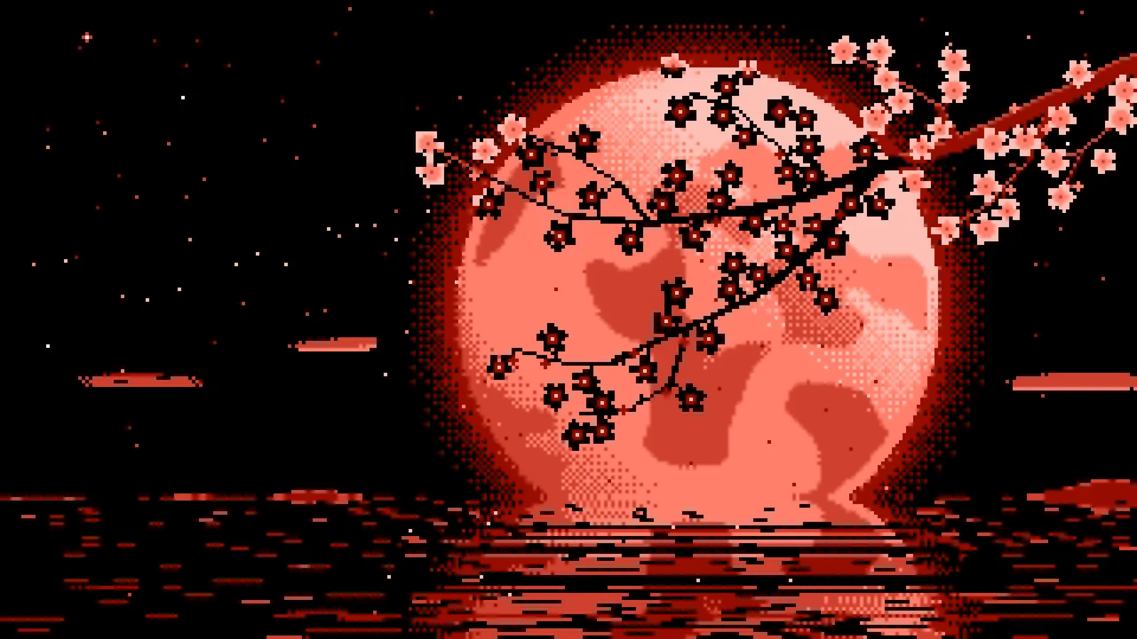 Coral Pixel Art Cherry Blossom Branch and Full Moon desktop wallpaper in 4K