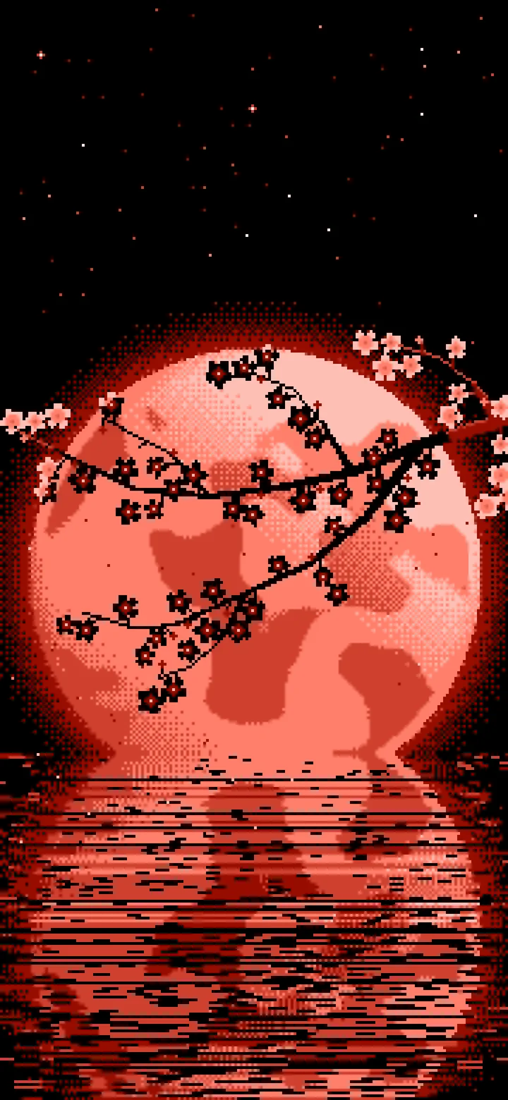 Coral Pixel Art Cherry Blossom Branch and Full Moon wallpaper for iPhone and Android