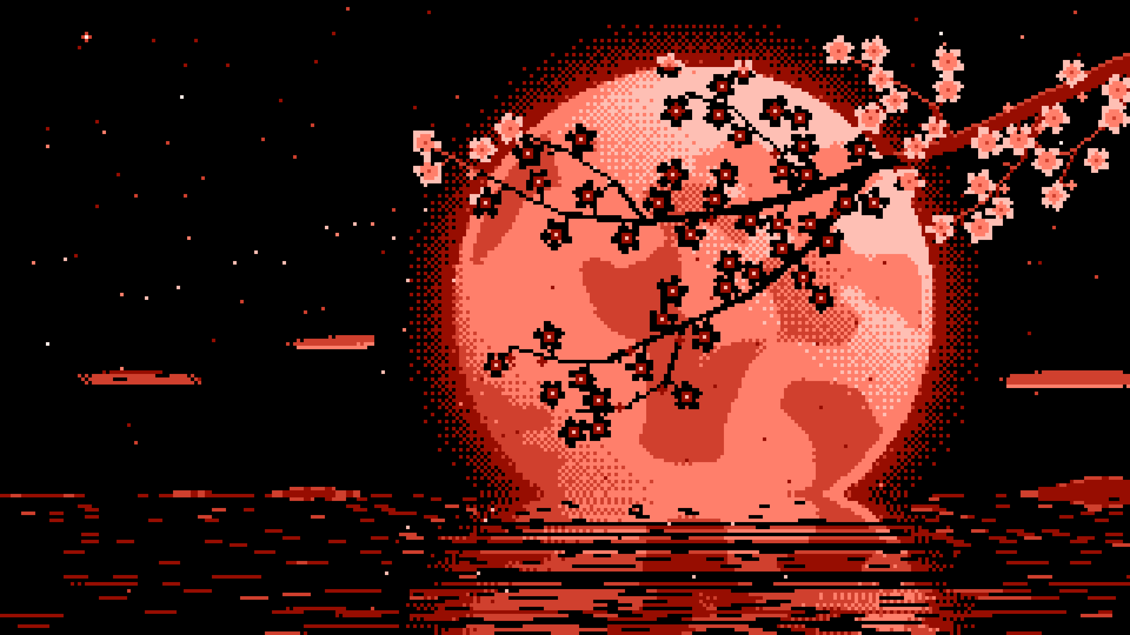 Coral Pixel Art Cherry Blossom Branch and Full Moon desktop wallpaper in 4K