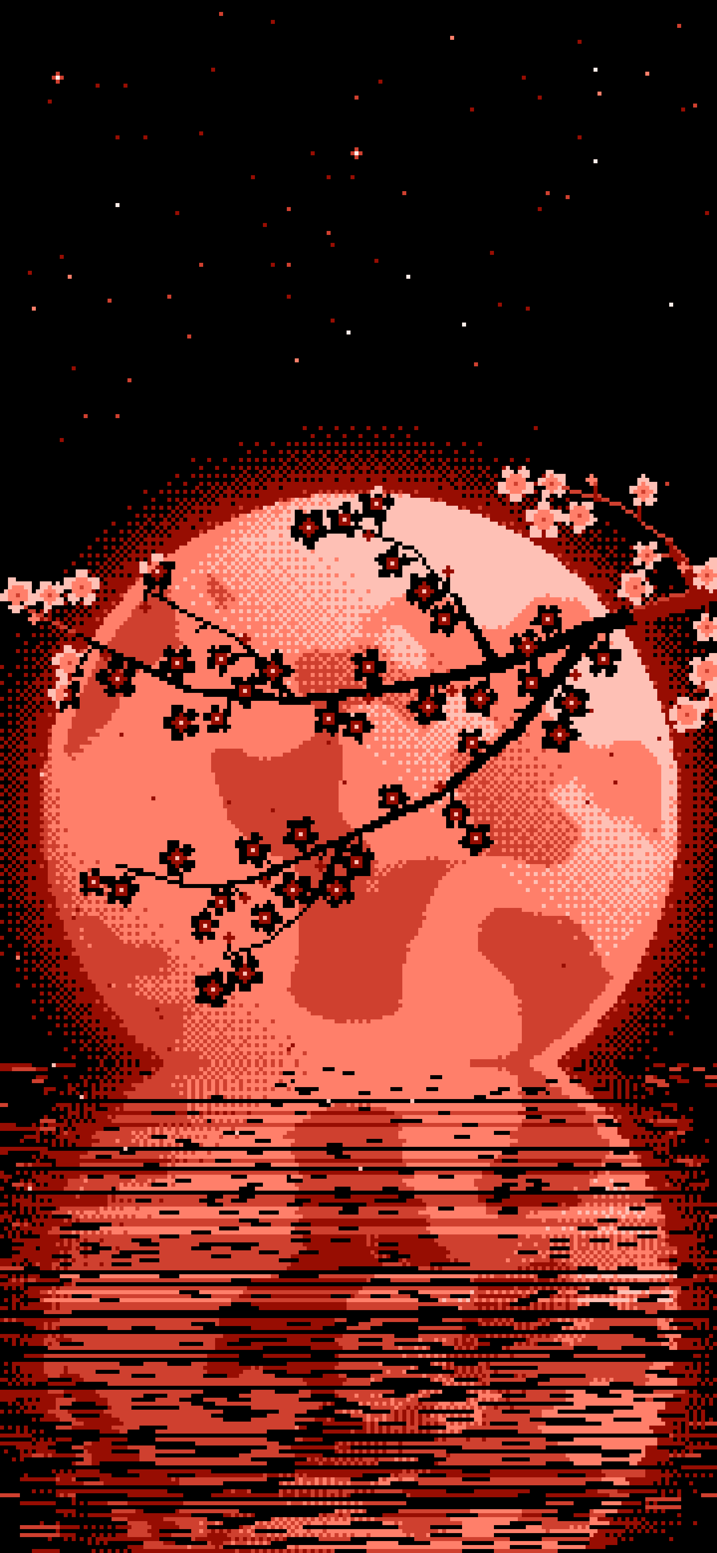 Coral Pixel Art Cherry Blossom Branch and Full Moon wallpaper for iPhone and Android