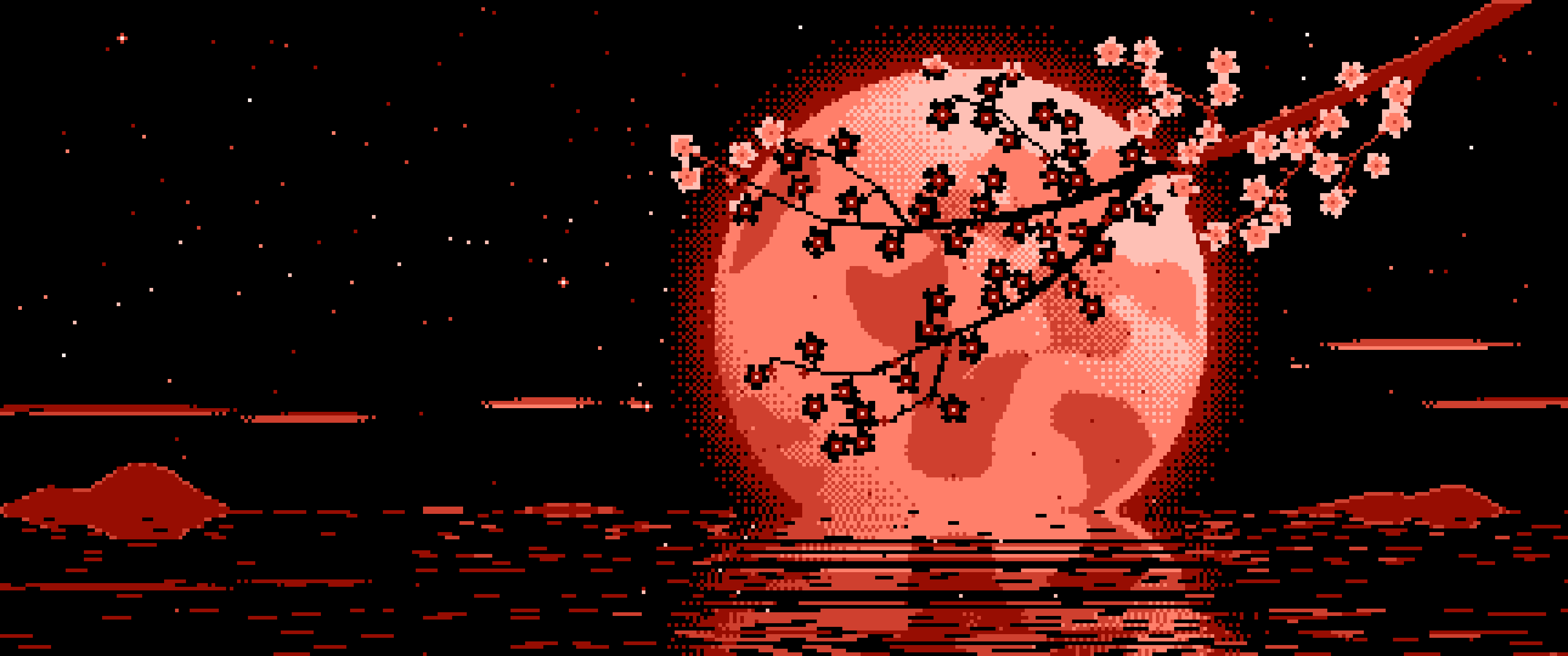 Coral Pixel Art Cherry Blossom Branch and Full Moon ultrawide wallpaper, 3440 × 1440