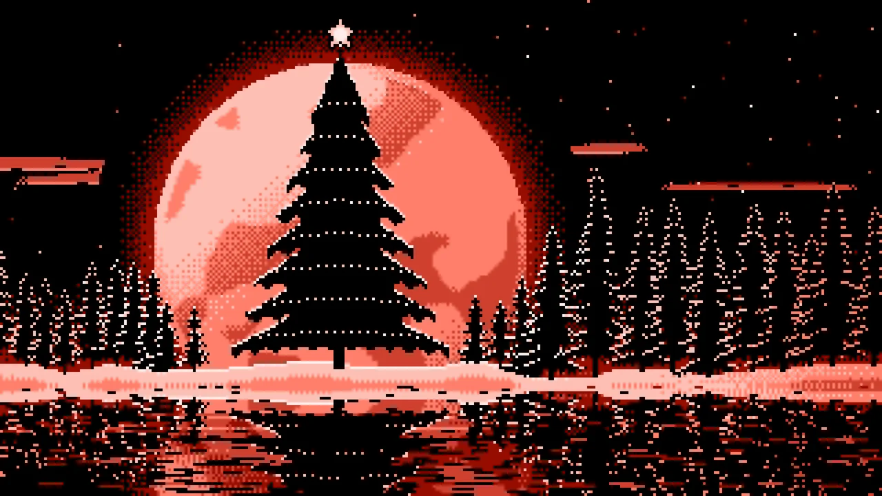 Coral Pixel Art Christmas Tree and Full Moon desktop wallpaper in 4K