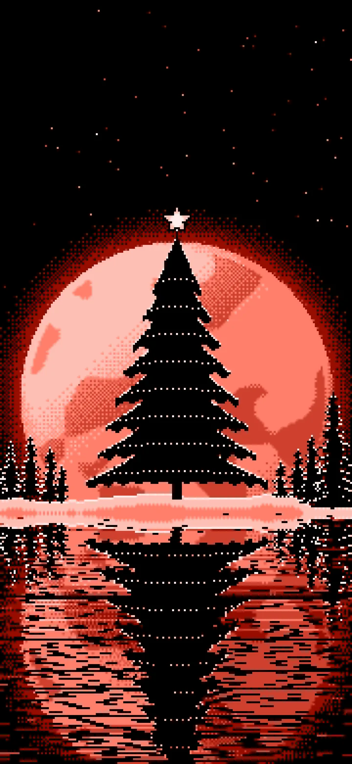 Coral Pixel Art Christmas Tree and Full Moon wallpaper for iPhone and Android