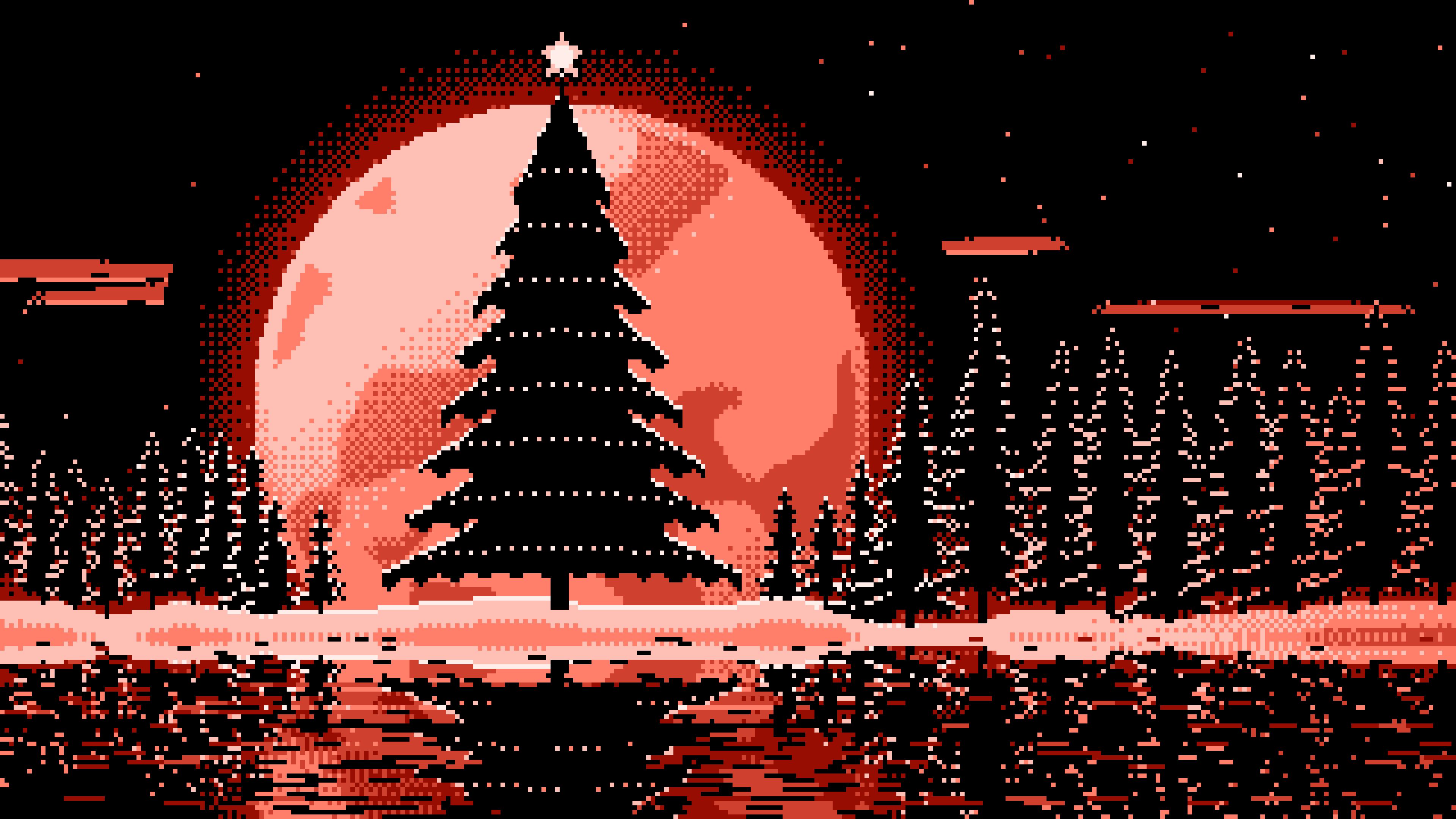 Coral Pixel Art Christmas Tree and Full Moon desktop wallpaper in 4K