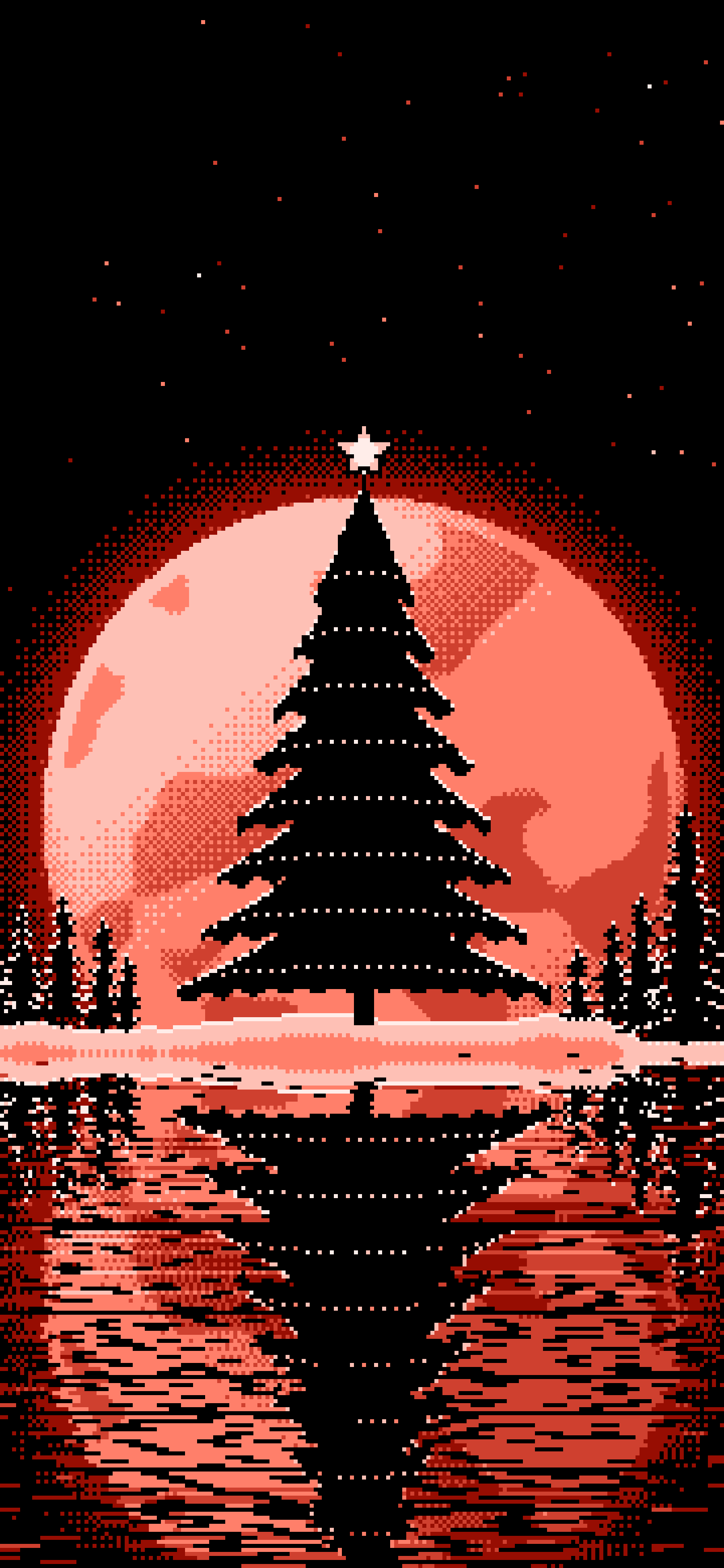 Coral Pixel Art Christmas Tree and Full Moon wallpaper for iPhone and Android