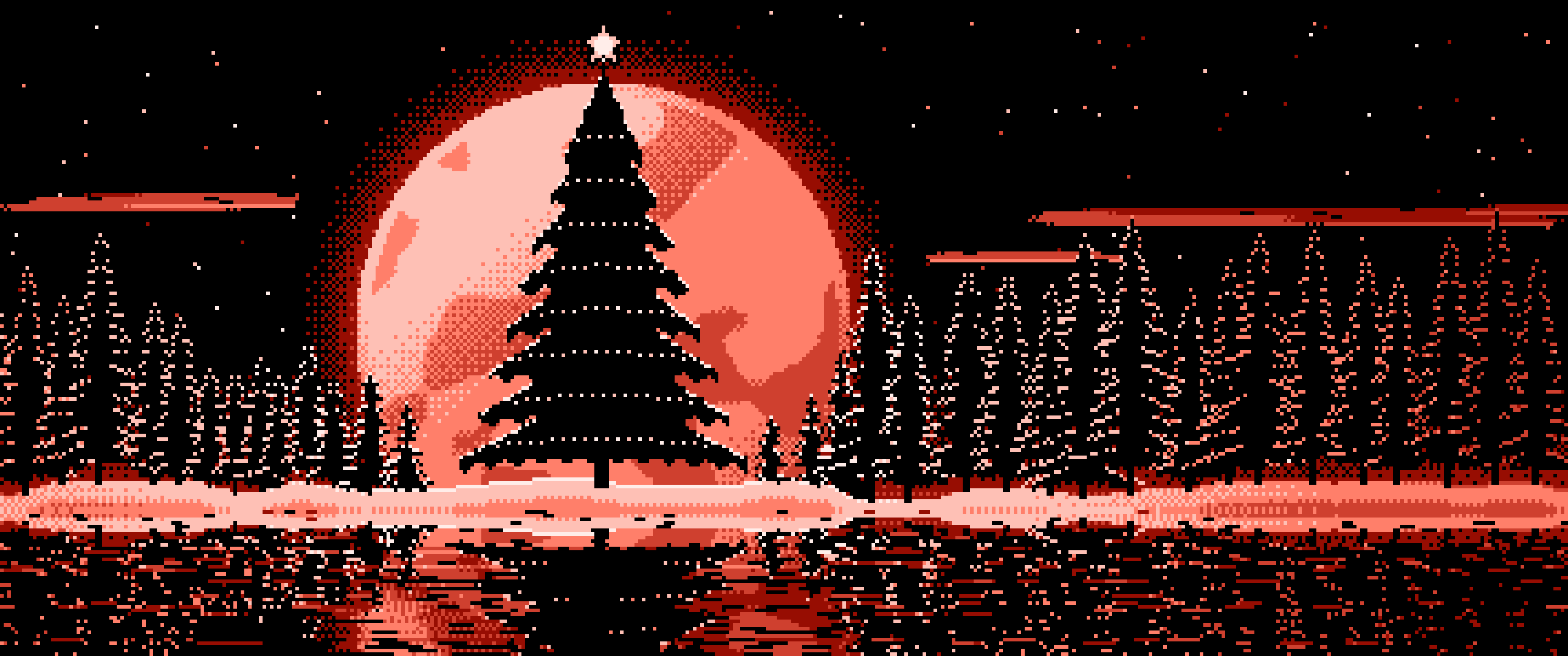 Coral Pixel Art Christmas Tree and Full Moon ultrawide wallpaper, 3440 × 1440