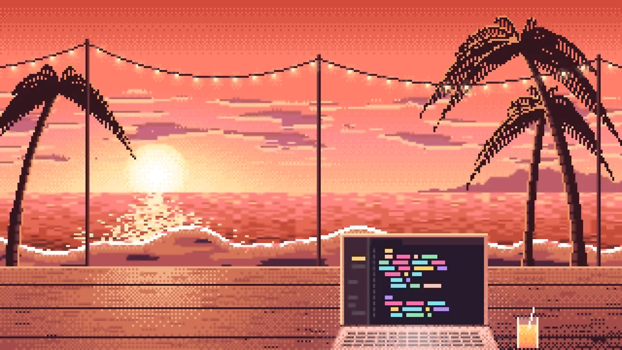 Coral Pixel Art Coding at the Beach at Sunset desktop wallpaper in 4K