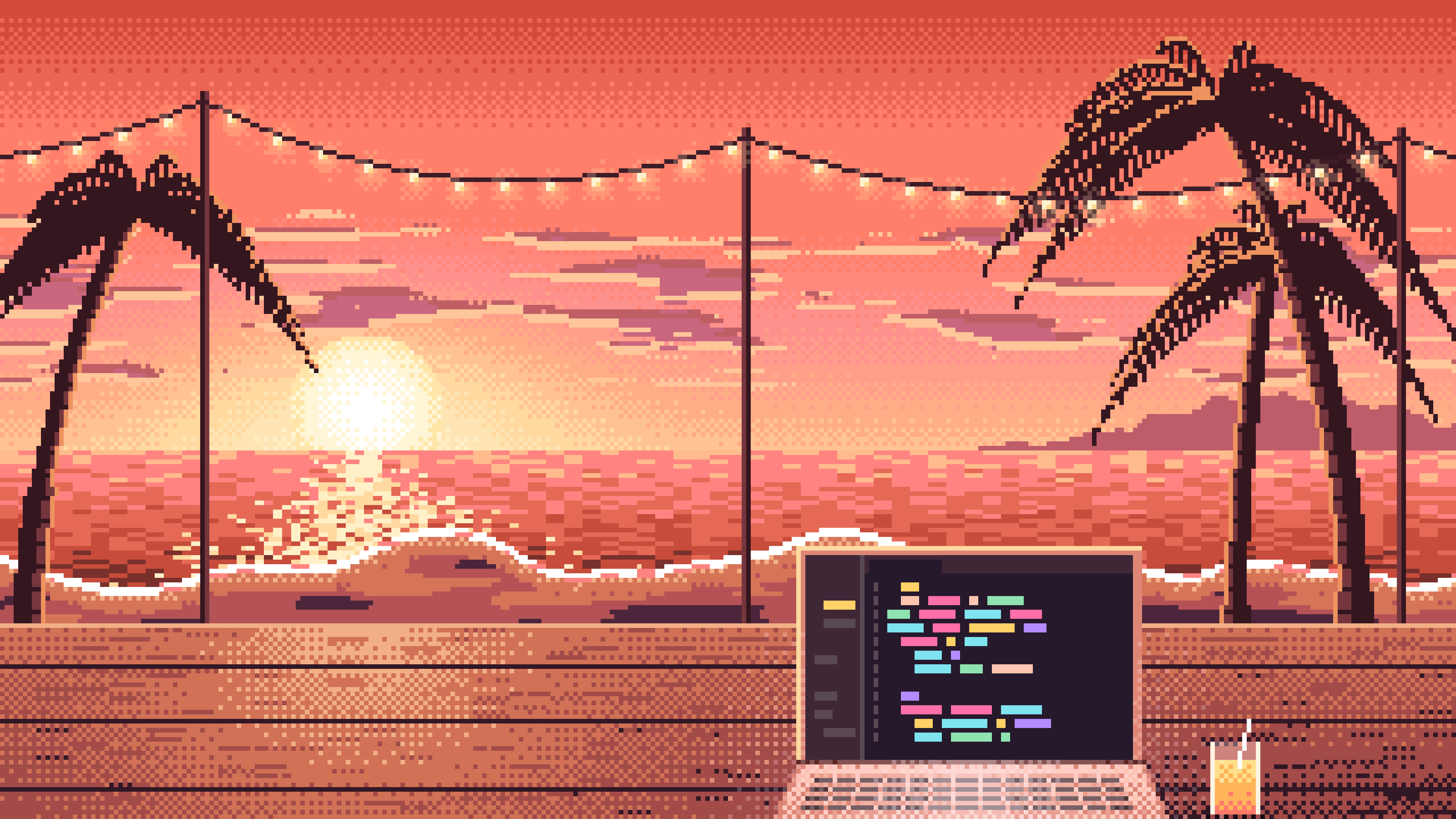 Coral Pixel Art Coding at the Beach at Sunset desktop wallpaper in 4K