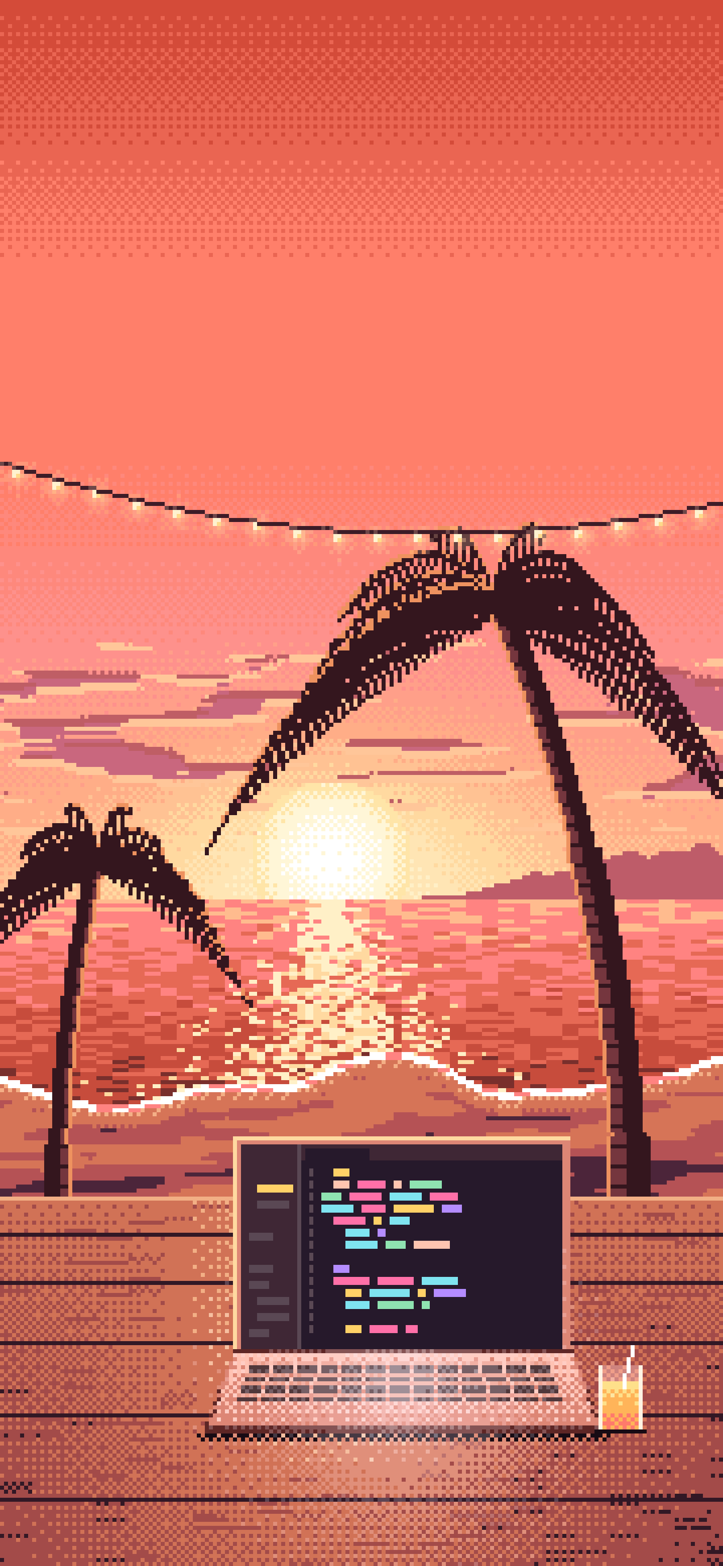 Coral Pixel Art Coding at the Beach at Sunset wallpaper for iPhone and Android