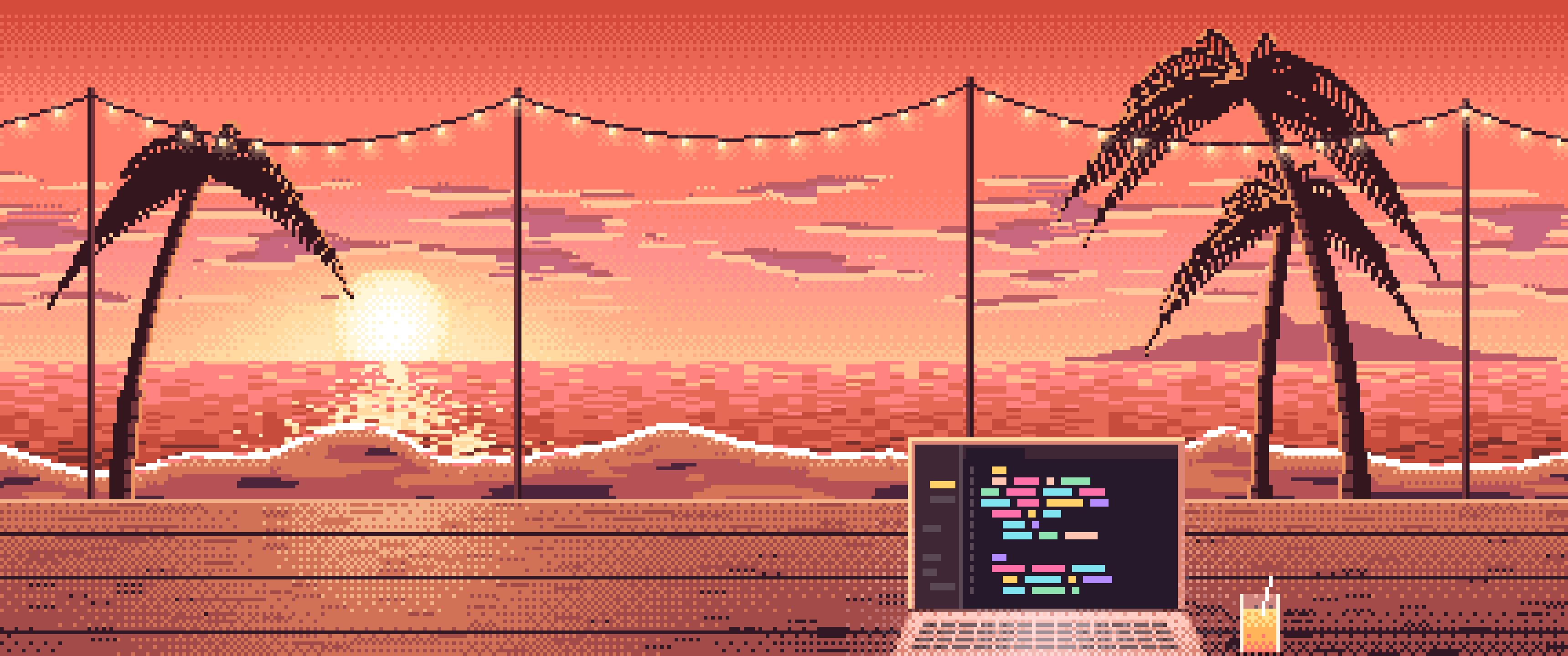 Coral Pixel Art Coding at the Beach at Sunset ultrawide wallpaper, 3440 × 1440