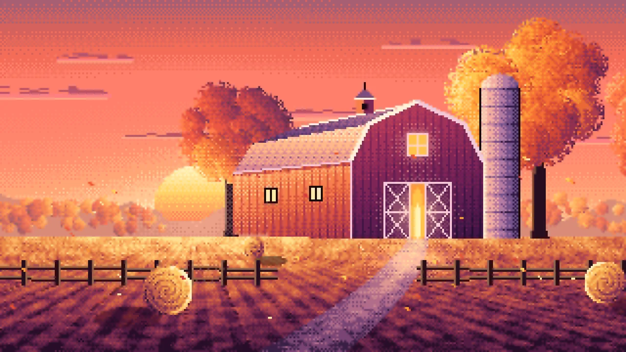 Coral Pixel Art Fall Barn at Sunset desktop wallpaper in 4K