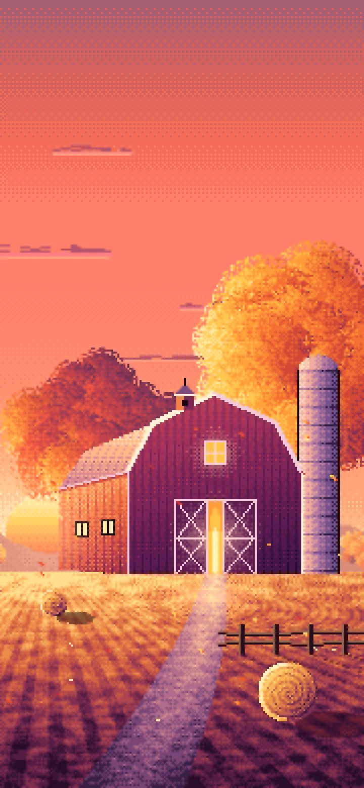 Coral Pixel Art Fall Barn at Sunset wallpaper for iPhone and Android