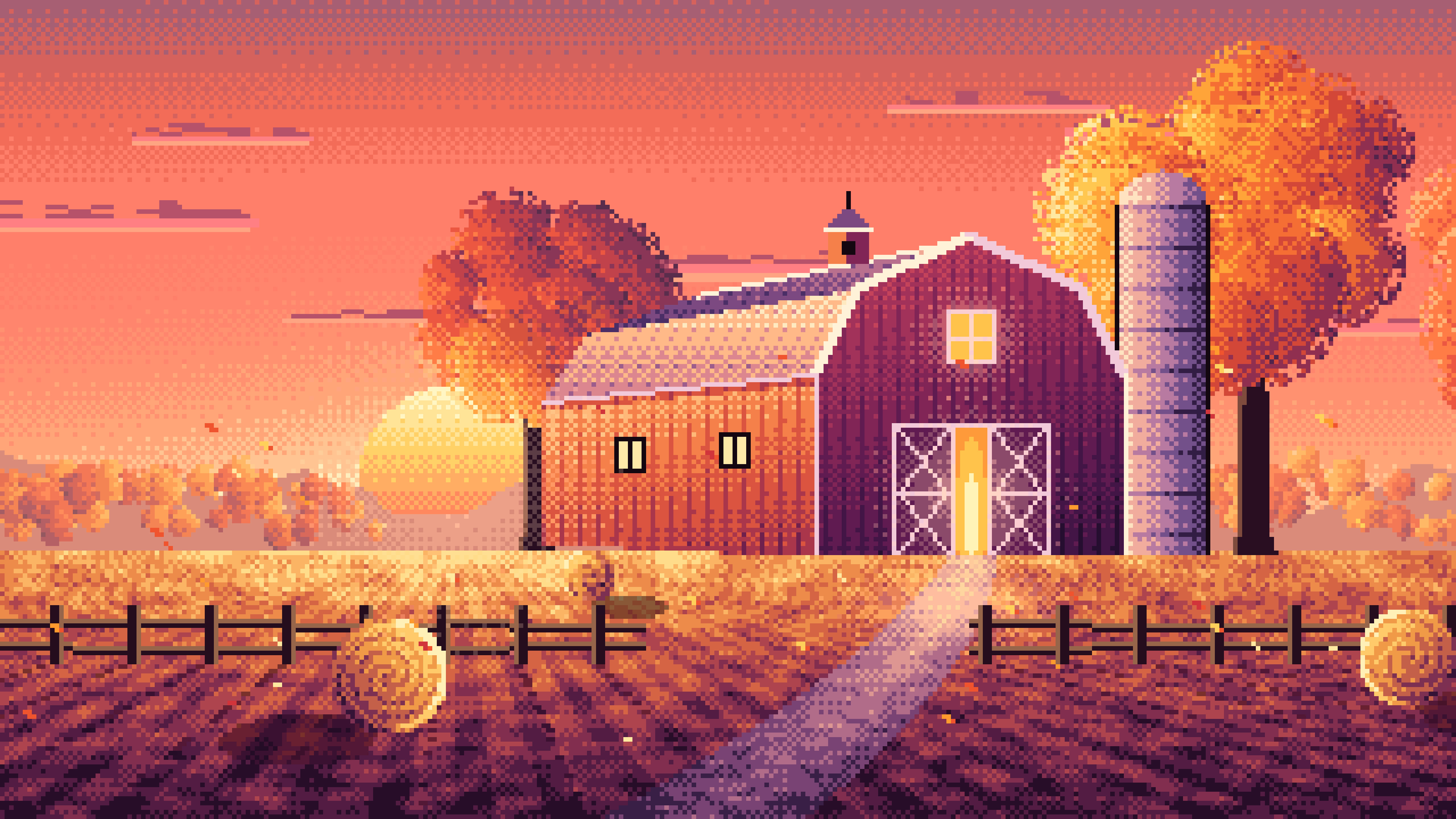 Coral Pixel Art Fall Barn at Sunset desktop wallpaper in 4K