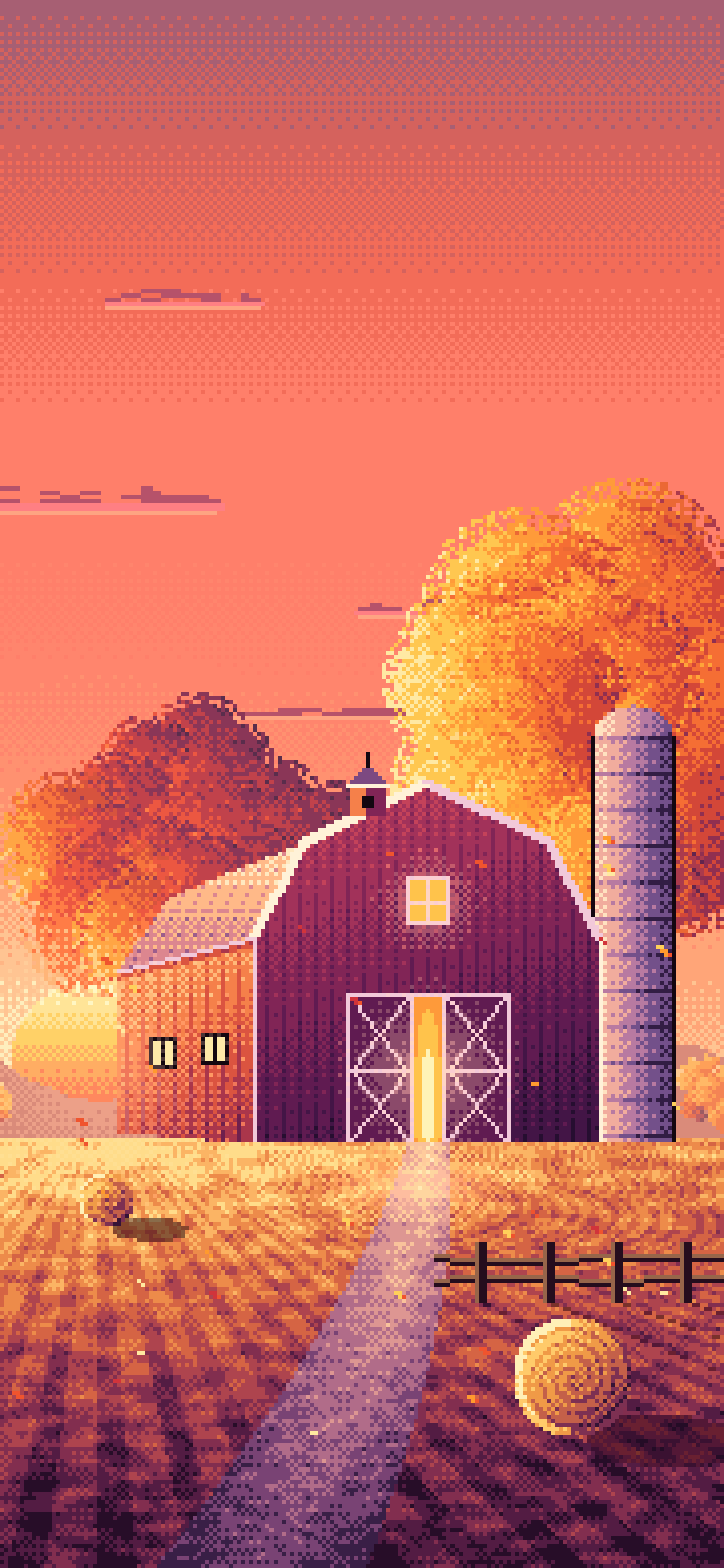 Coral Pixel Art Fall Barn at Sunset wallpaper for iPhone and Android