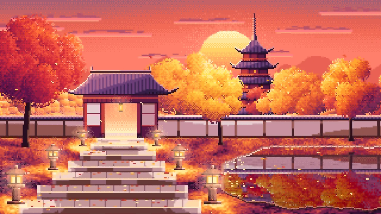Coral Pixel Art Fall Japanese Temple desktop wallpaper in 4K