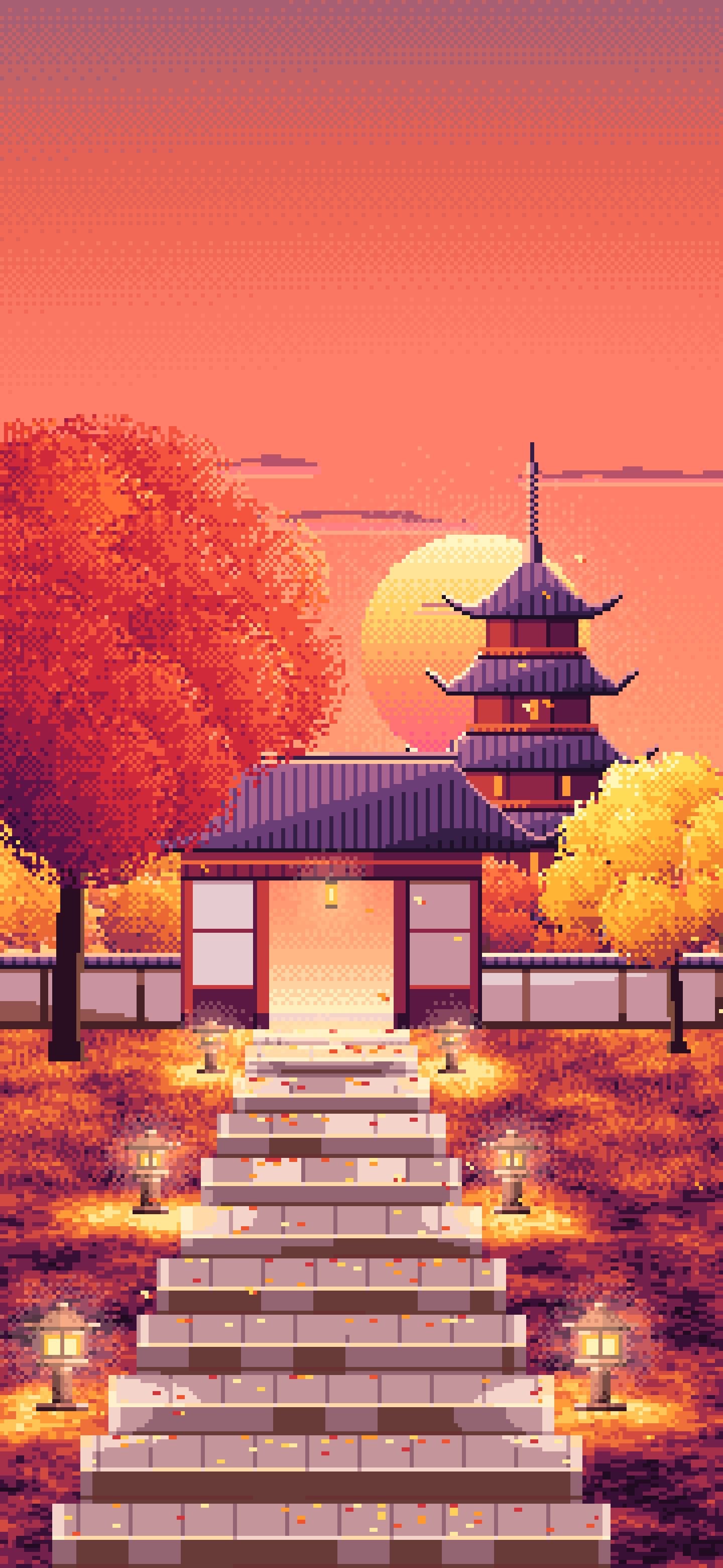 Coral Pixel Art Fall Japanese Temple wallpaper for iPhone and Android