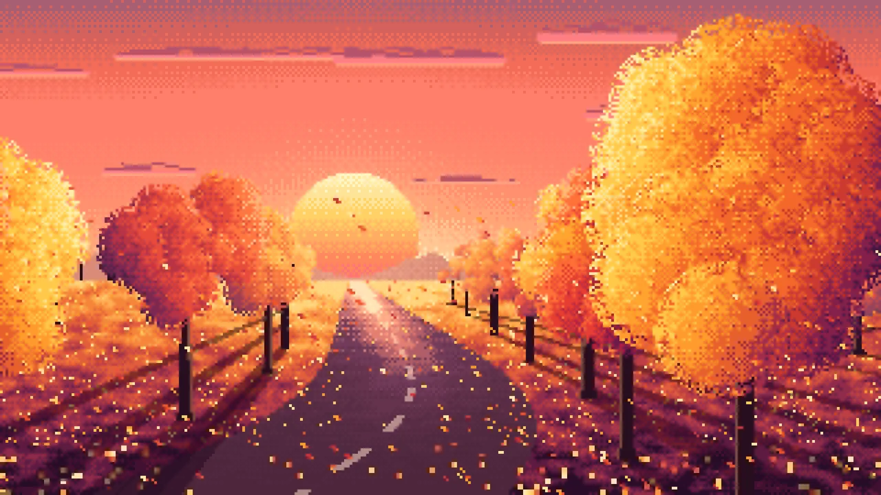 Coral Pixel Art Fall Road at Sunset desktop wallpaper in 4K