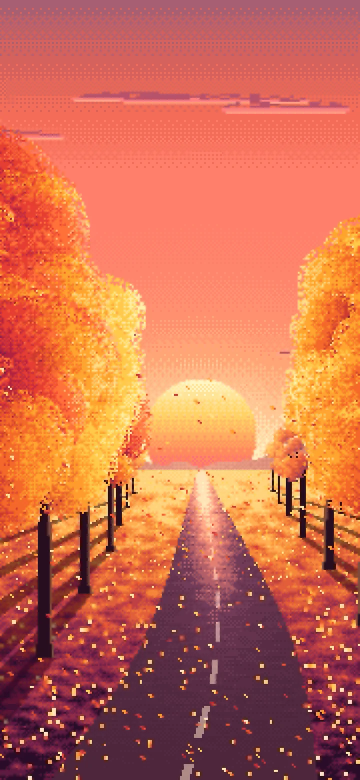 Coral Pixel Art Fall Road at Sunset wallpaper for iPhone and Android