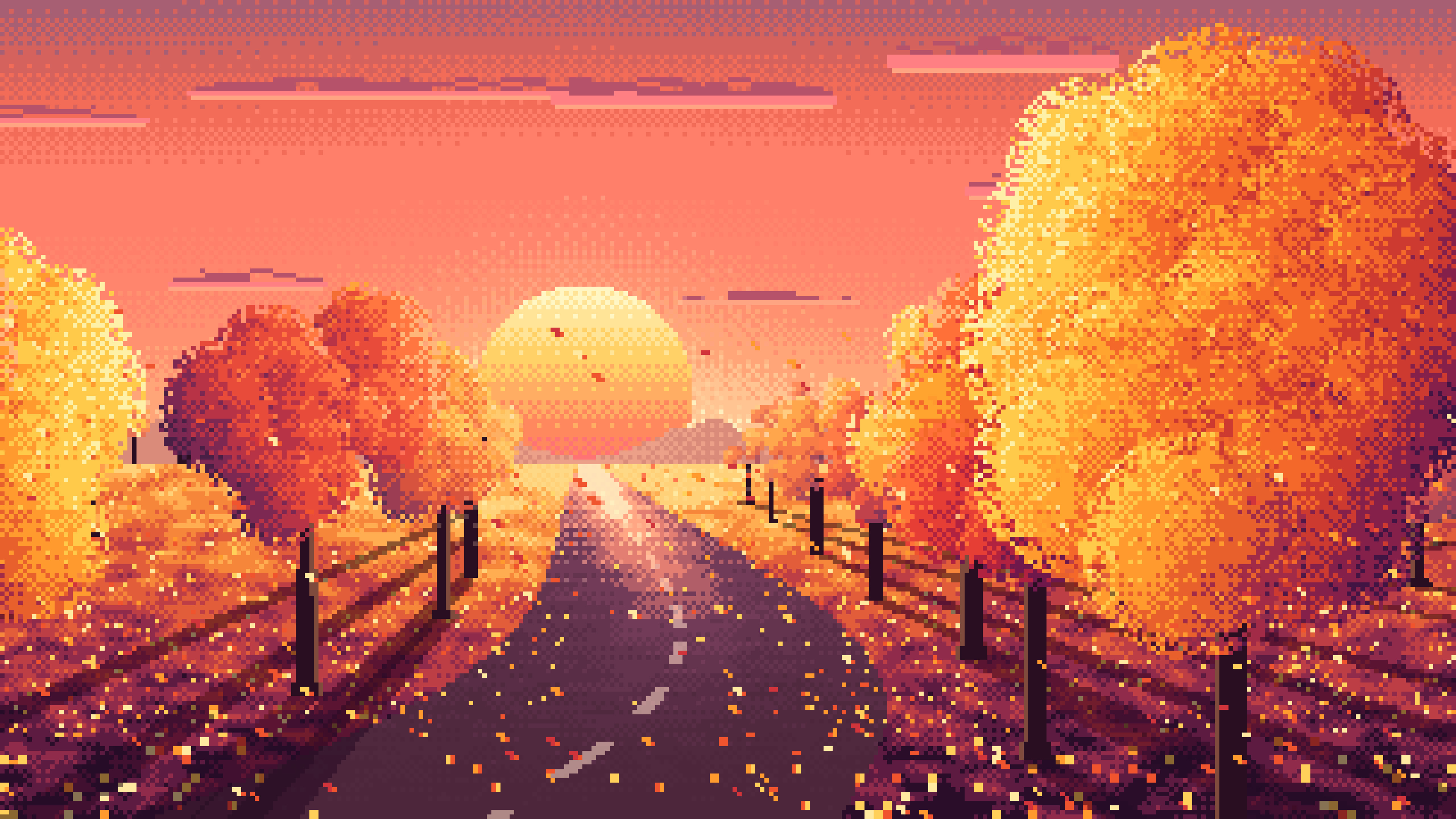 Coral Pixel Art Fall Road at Sunset desktop wallpaper in 4K