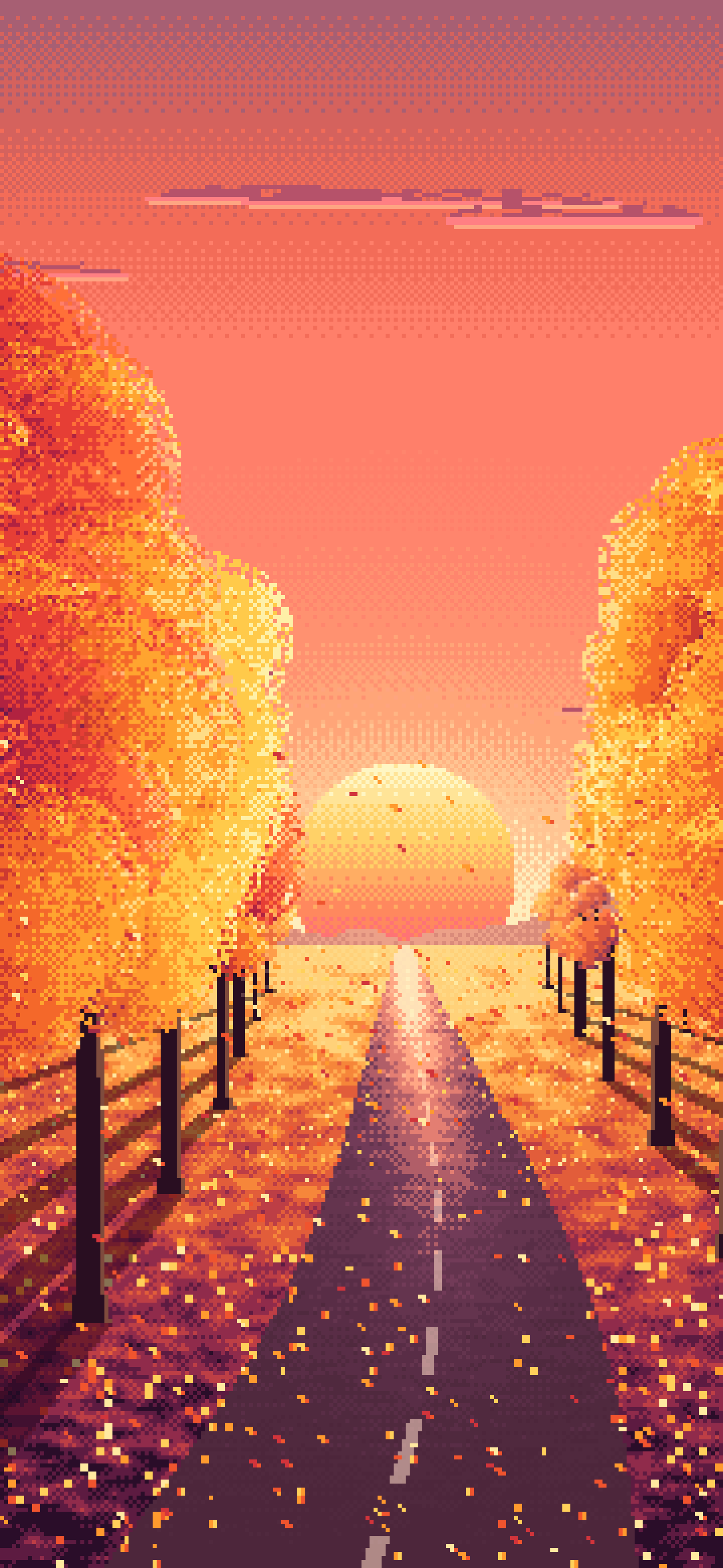 Coral Pixel Art Fall Road at Sunset wallpaper for iPhone and Android
