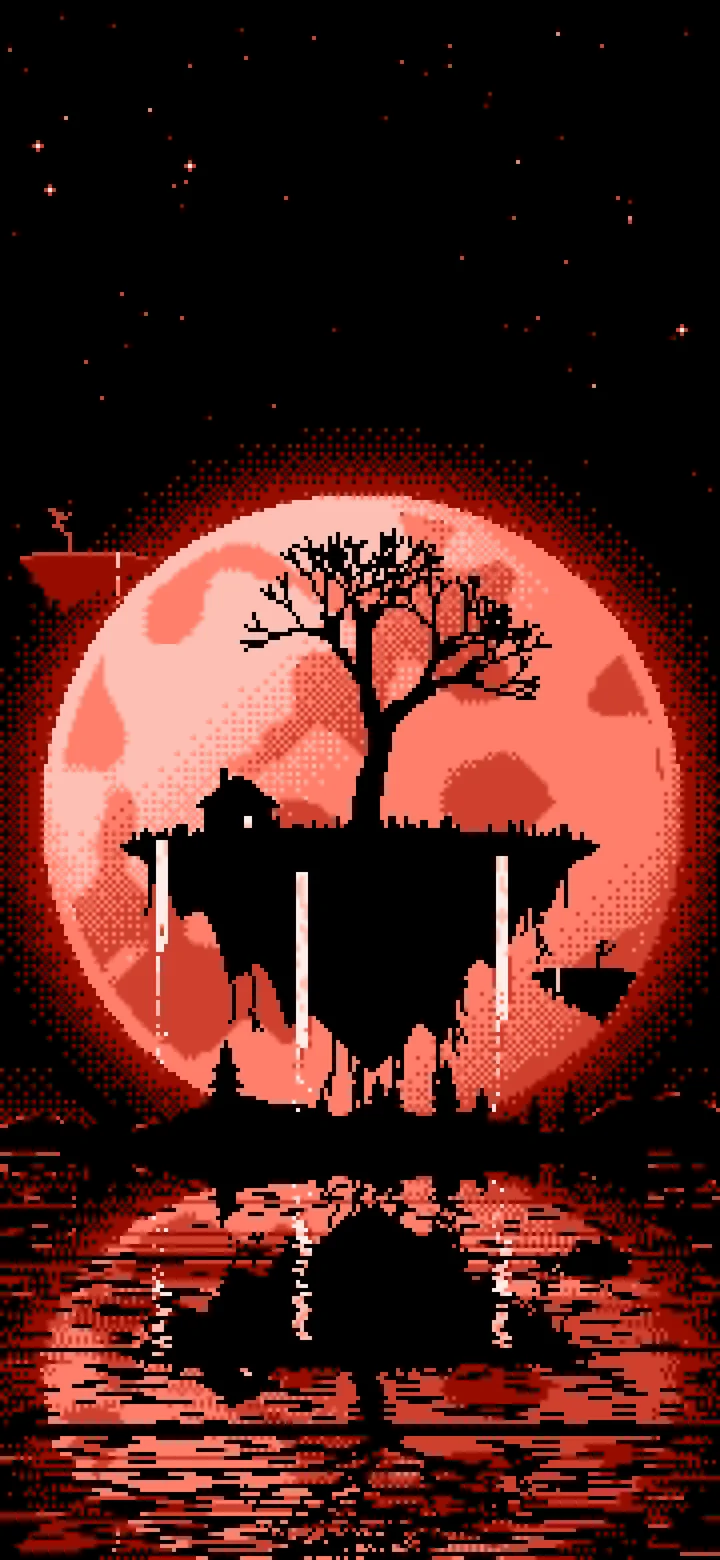 Coral Pixel Art Fantasy Floating Island and Full Moon wallpaper for iPhone and Android