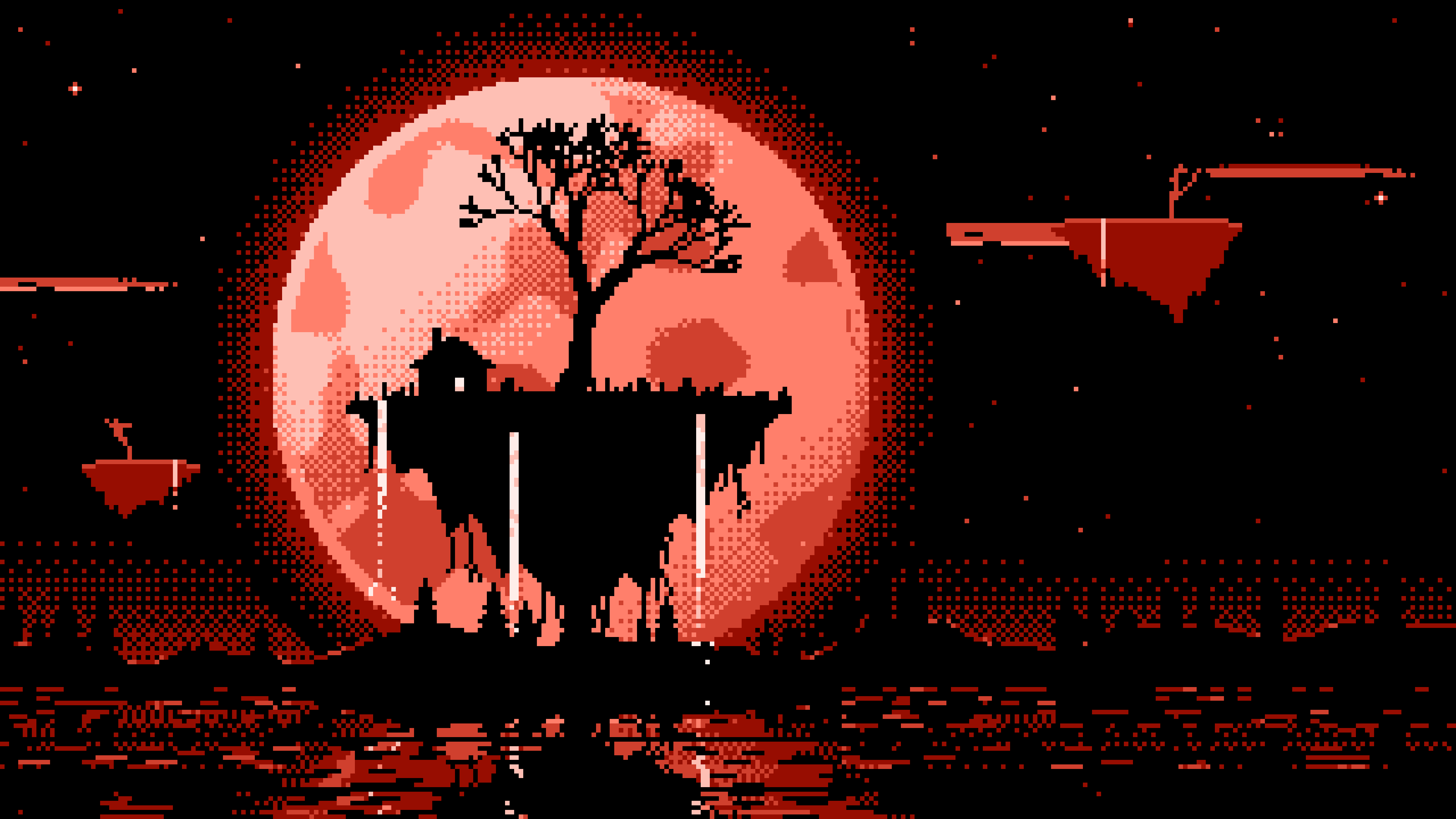 Coral Pixel Art Fantasy Floating Island and Full Moon desktop wallpaper in 4K