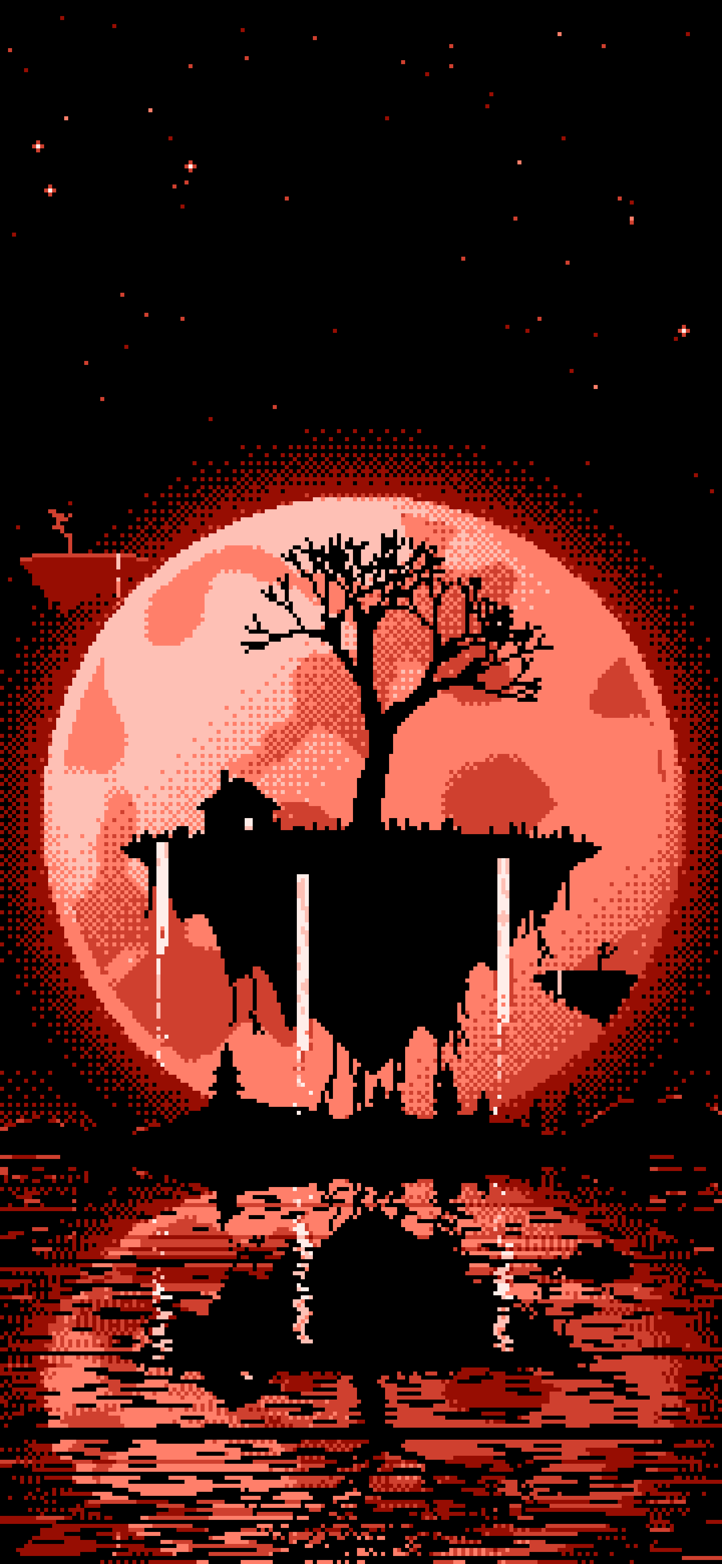 Coral Pixel Art Fantasy Floating Island and Full Moon wallpaper for iPhone and Android