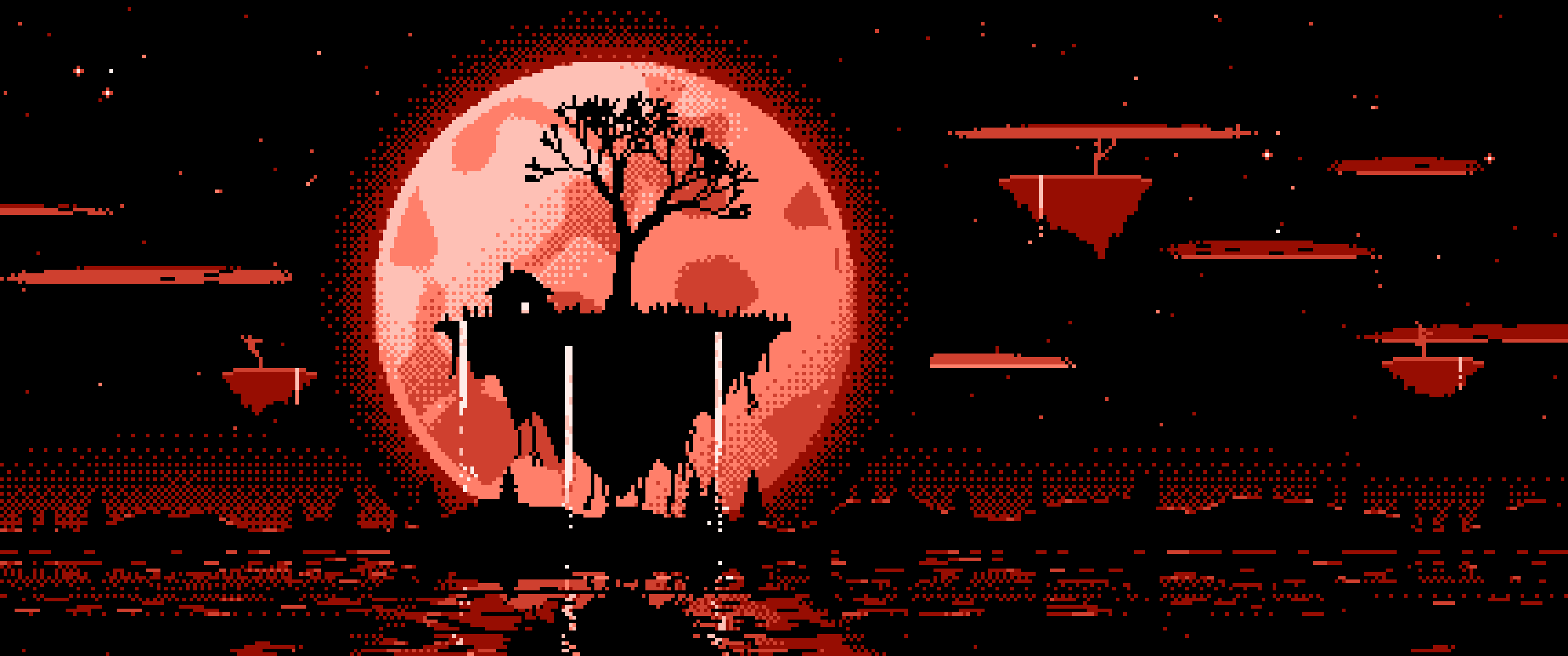 Coral Pixel Art Fantasy Floating Island and Full Moon ultrawide wallpaper, 3440 × 1440