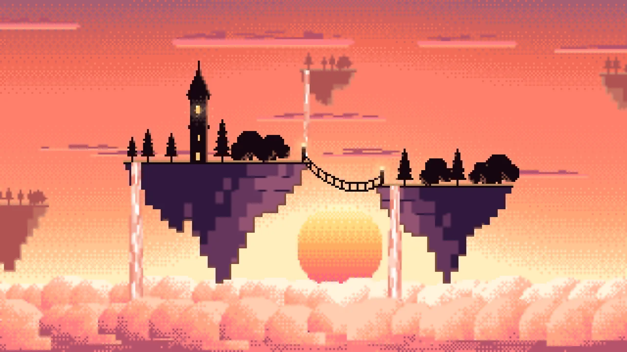 Coral Pixel Art Fantasy Floating Islands at Sunset desktop wallpaper in 4K