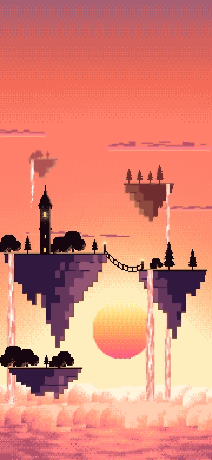 Coral Pixel Art Fantasy Floating Islands at Sunset wallpaper for iPhone and Android
