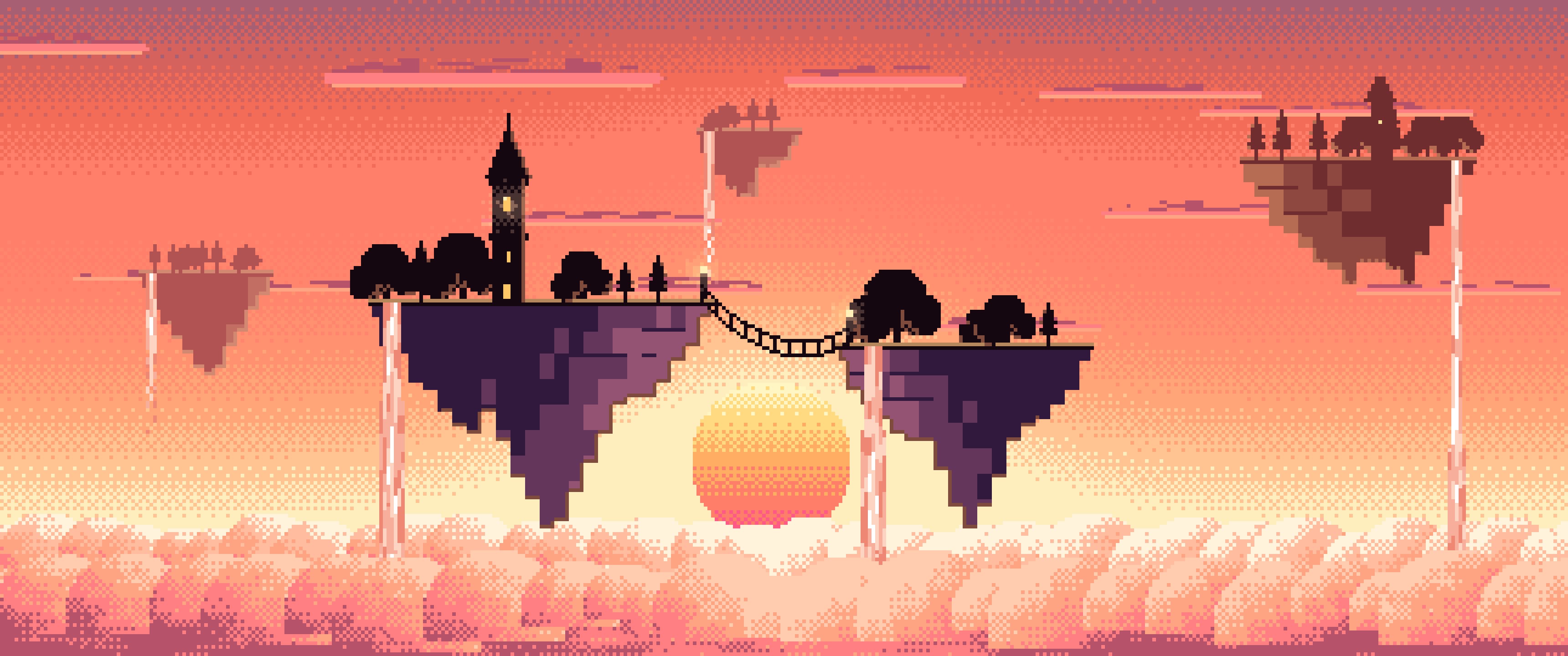 Coral Pixel Art Fantasy Floating Islands at Sunset ultrawide wallpaper, 3440 × 1440