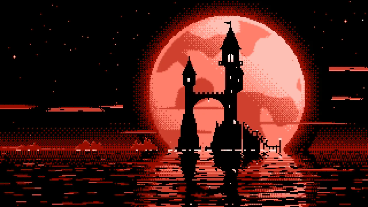 Coral Pixel Art Fantasy Wizard Tower and Full Moon desktop wallpaper in 4K