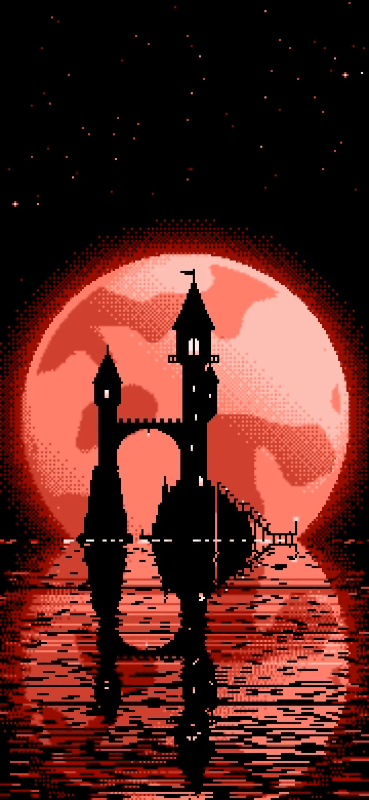Coral Pixel Art Fantasy Wizard Tower and Full Moon wallpaper for iPhone and Android