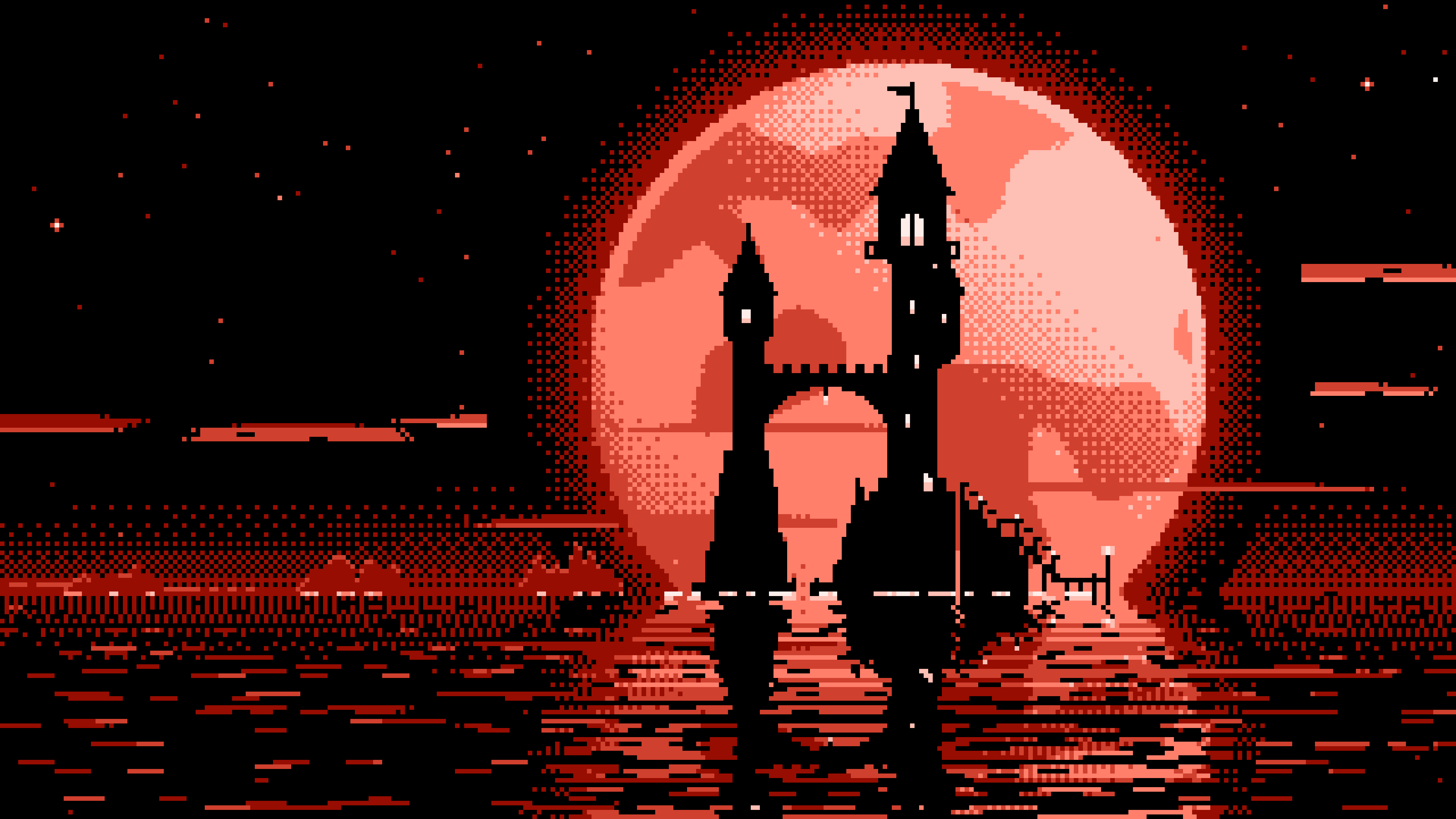 Coral Pixel Art Fantasy Wizard Tower and Full Moon desktop wallpaper in 4K