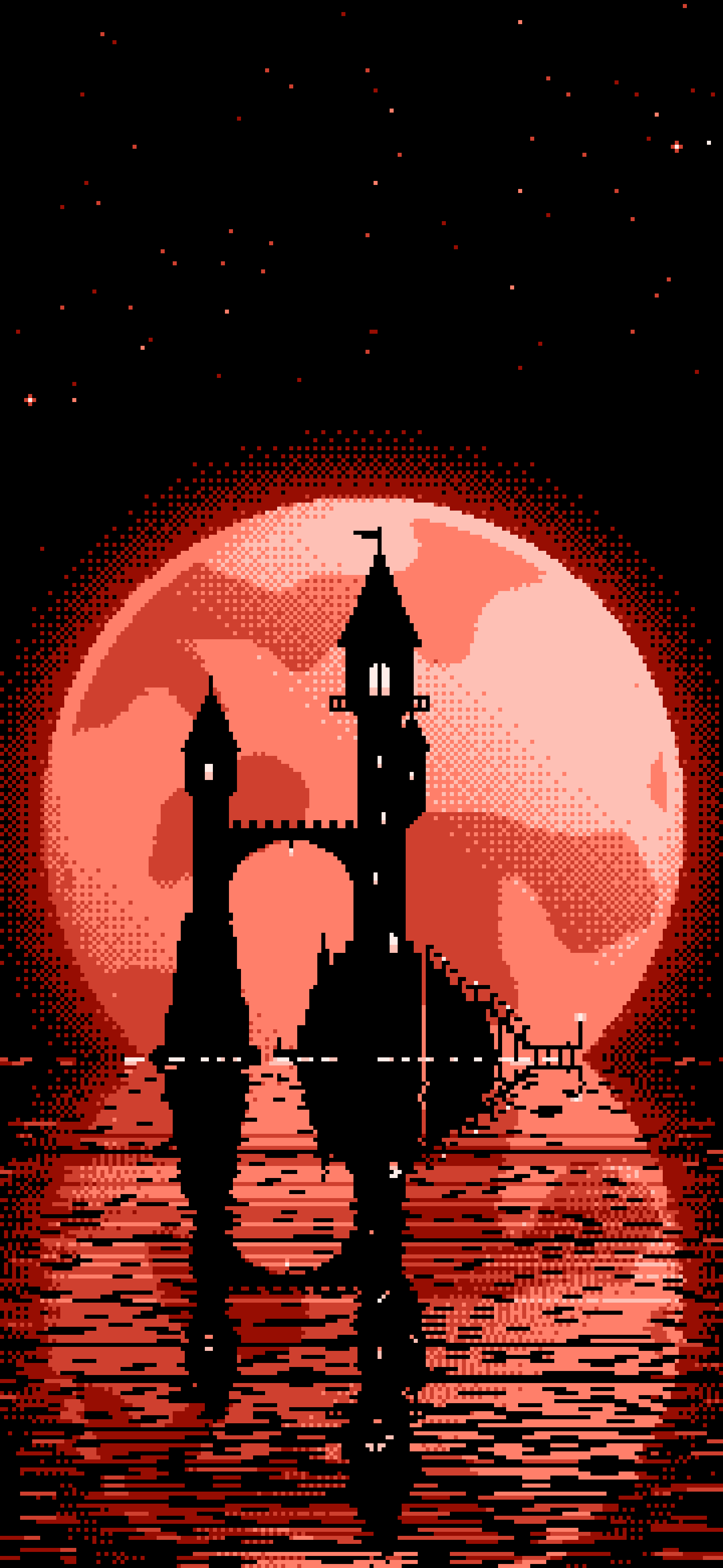 Coral Pixel Art Fantasy Wizard Tower and Full Moon wallpaper for iPhone and Android