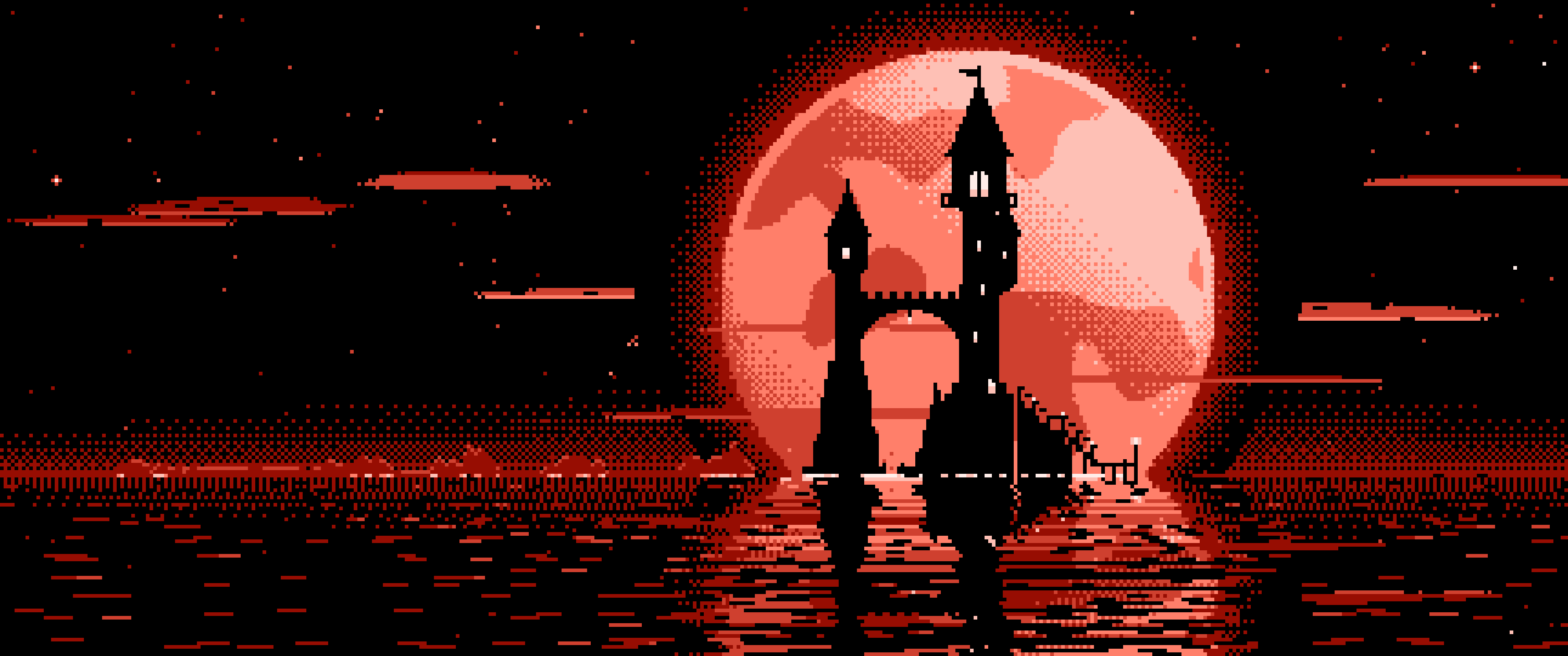 Coral Pixel Art Fantasy Wizard Tower and Full Moon ultrawide wallpaper, 3440 × 1440