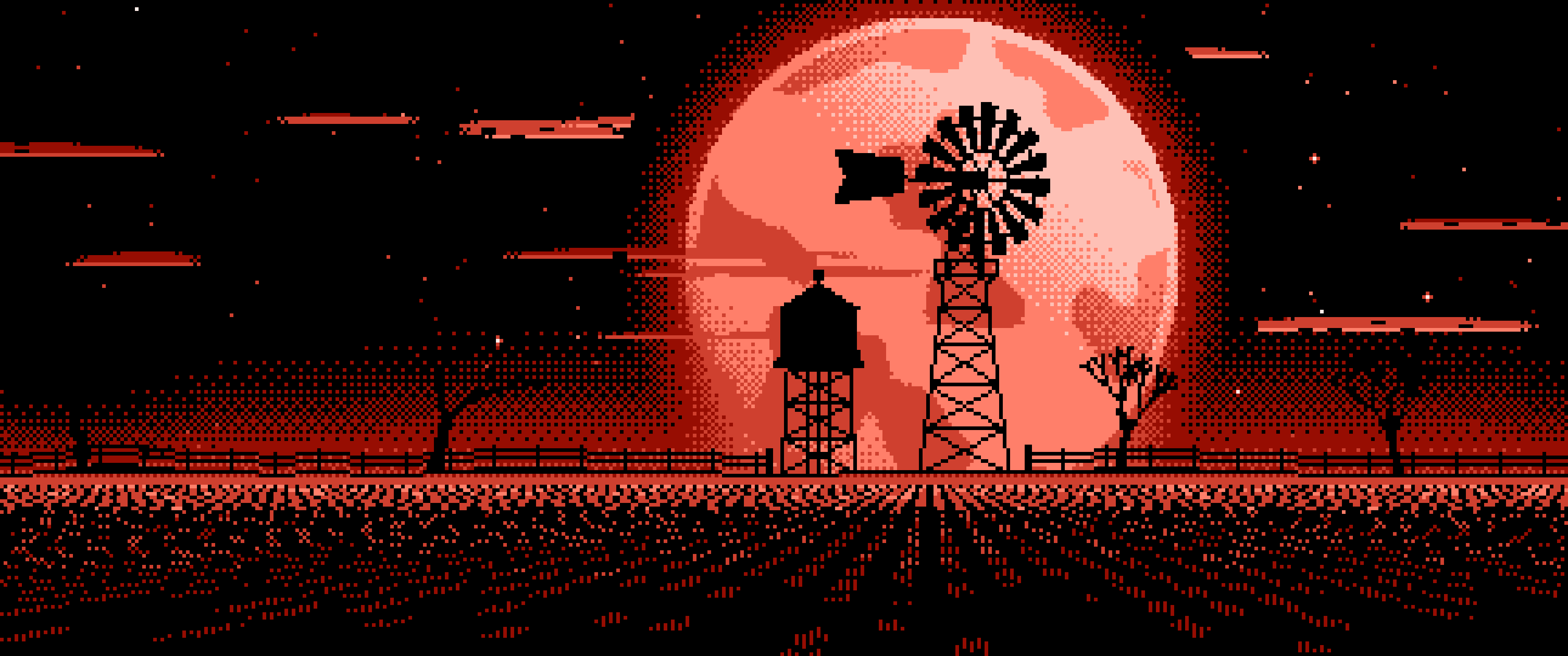 Coral Pixel Art Farm Windmill and Harvest Moon ultrawide wallpaper, 3440 × 1440
