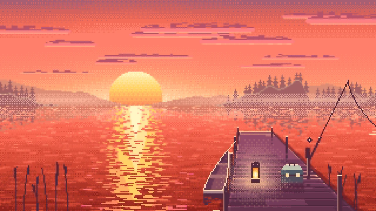 Coral Pixel Art Fishing Dock at Sunrise desktop wallpaper in 4K