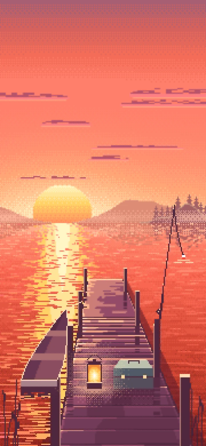 Coral Pixel Art Fishing Dock at Sunrise wallpaper for iPhone and Android