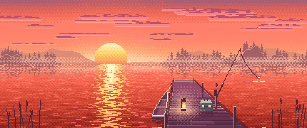 Coral Pixel Art Fishing Dock at Sunrise ultrawide wallpaper, 3440 × 1440