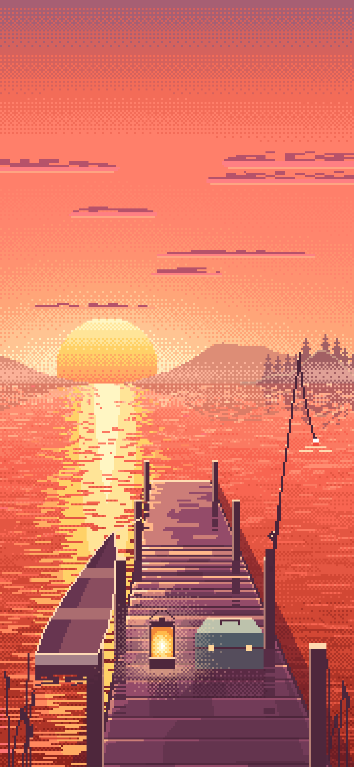 Coral Pixel Art Fishing Dock at Sunrise wallpaper for iPhone and Android