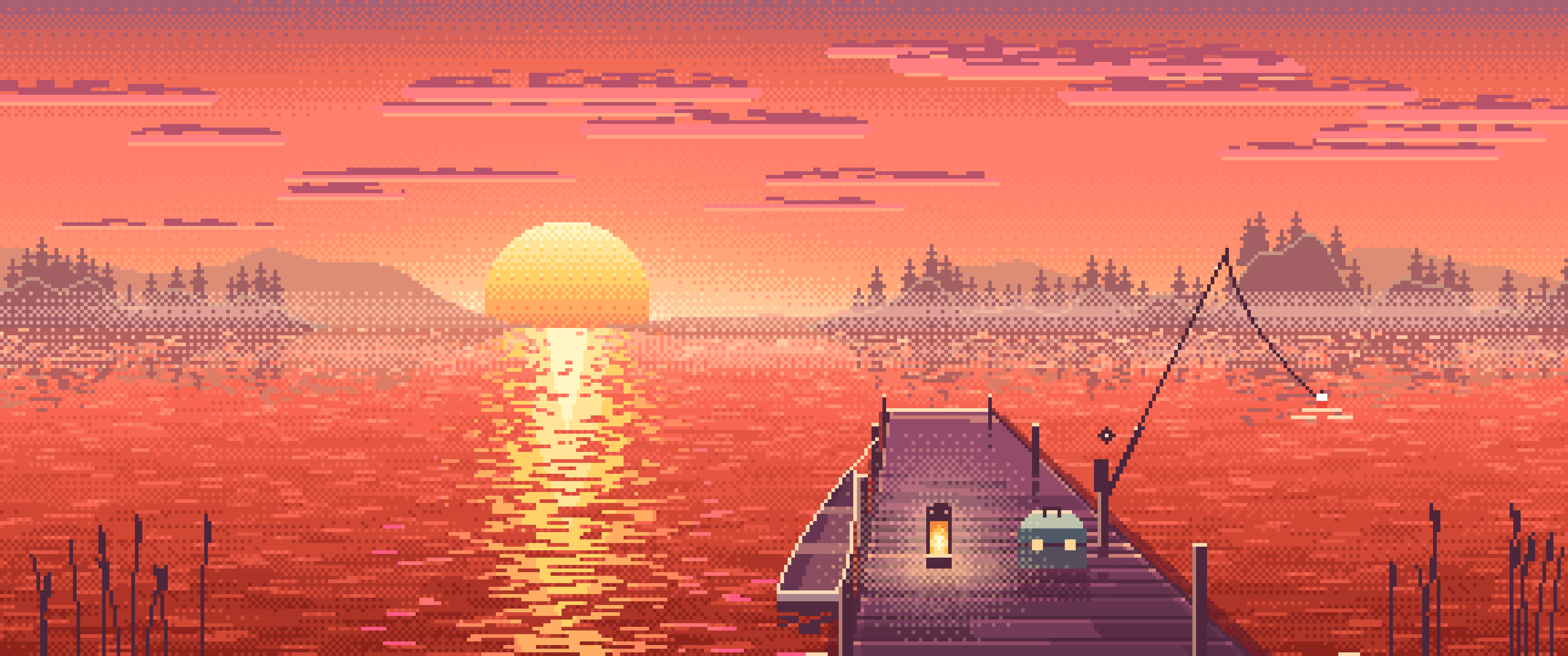 Coral Pixel Art Fishing Dock at Sunrise ultrawide wallpaper, 3440 × 1440