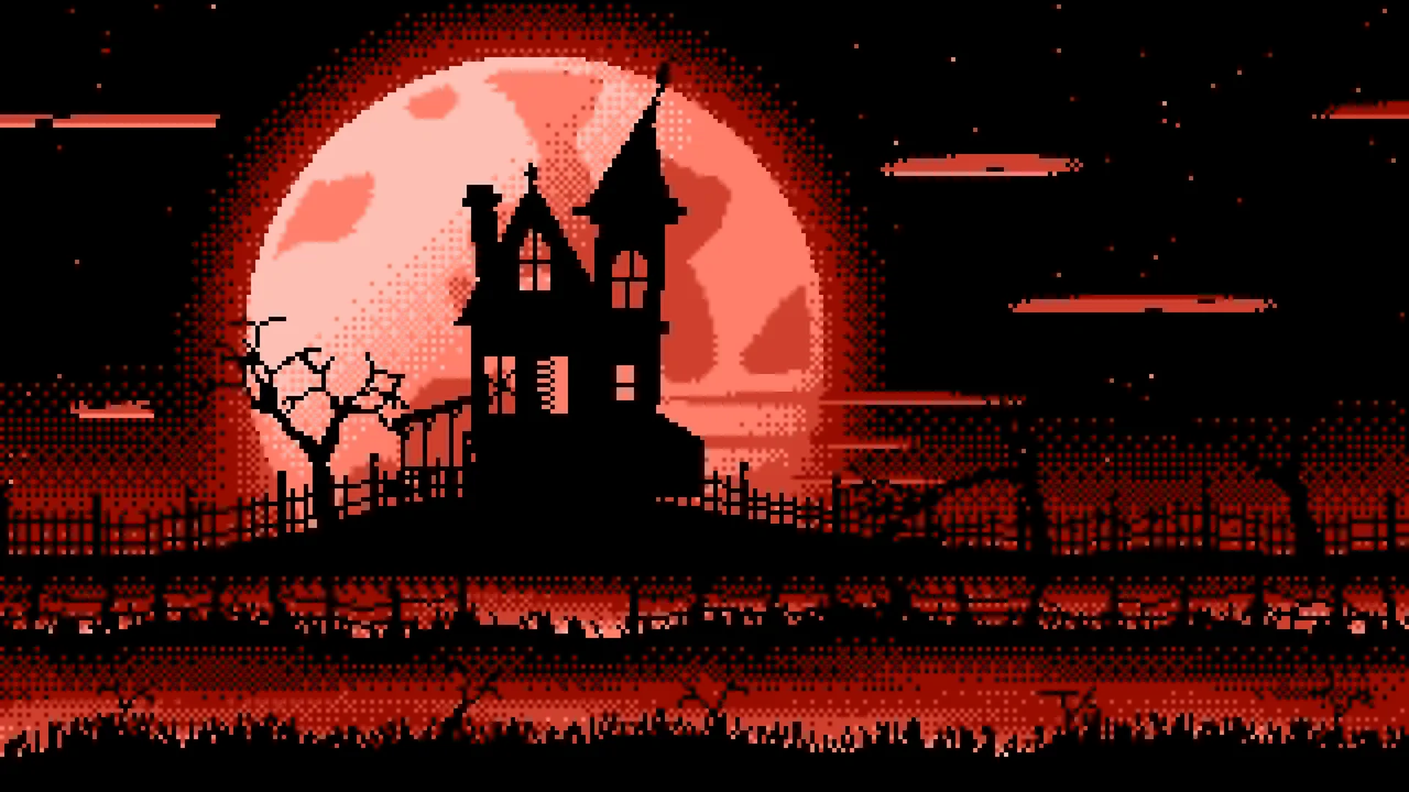 Coral Pixel Art Haunted House and Full Moon desktop wallpaper in 4K