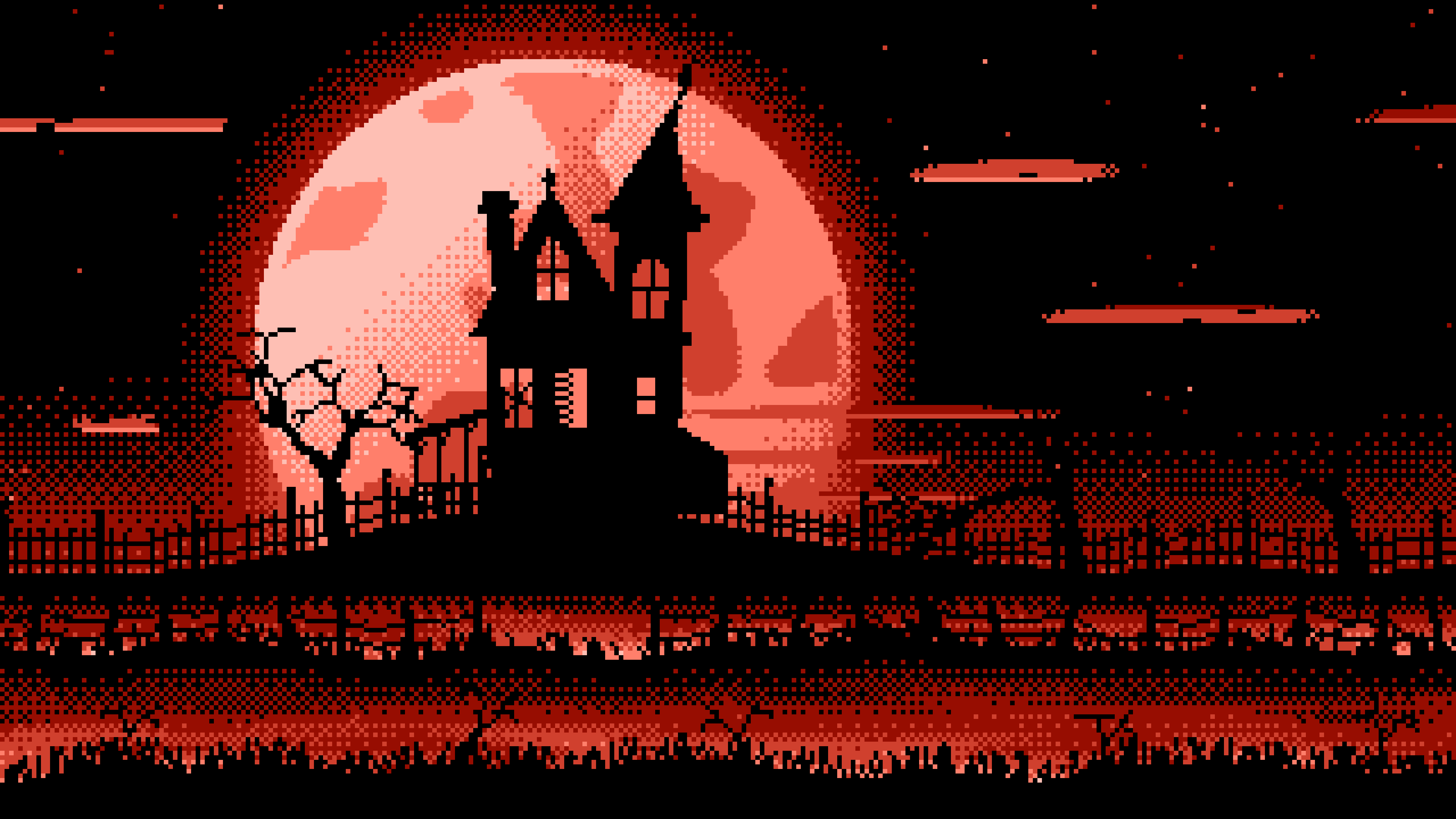 Coral Pixel Art Haunted House and Full Moon desktop wallpaper in 4K