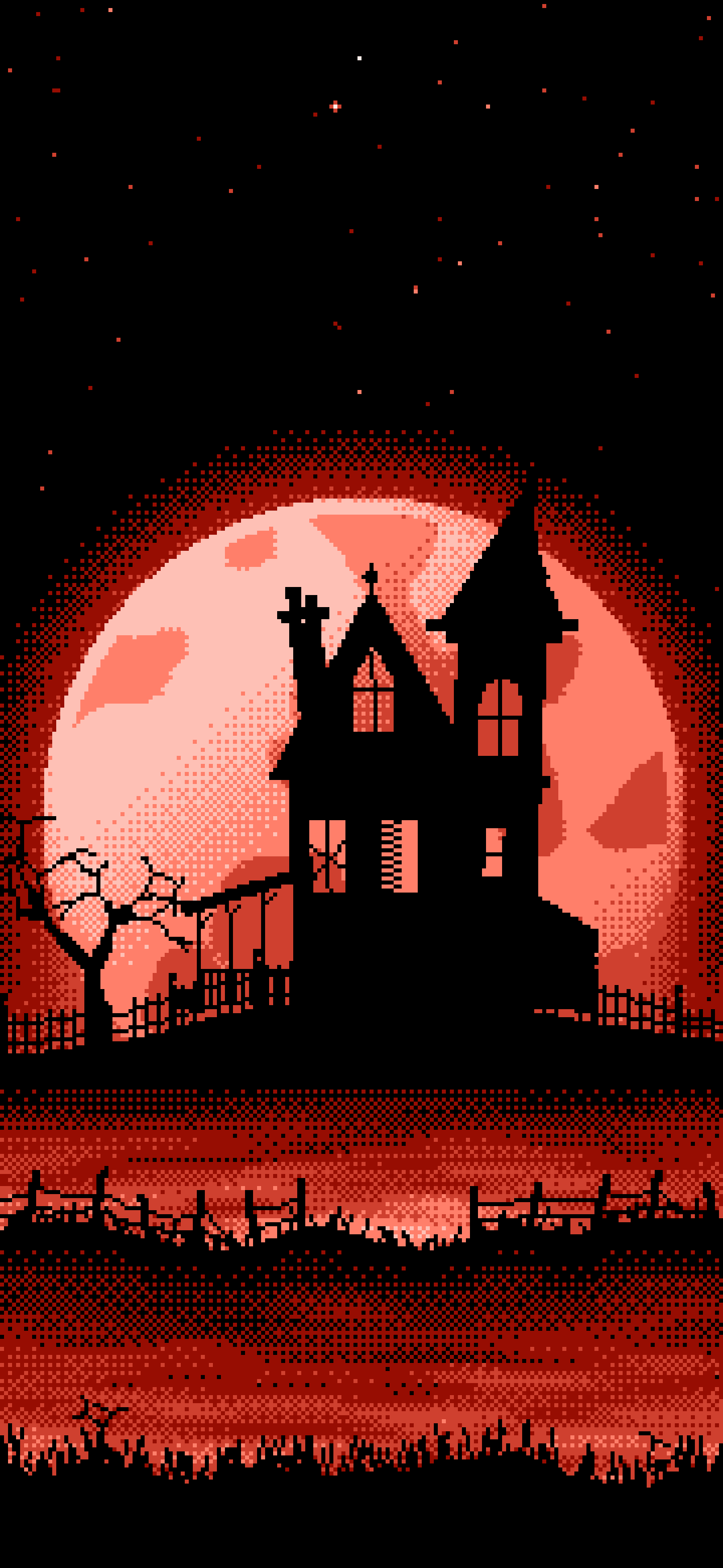 Coral Pixel Art Haunted House and Full Moon wallpaper for iPhone and Android
