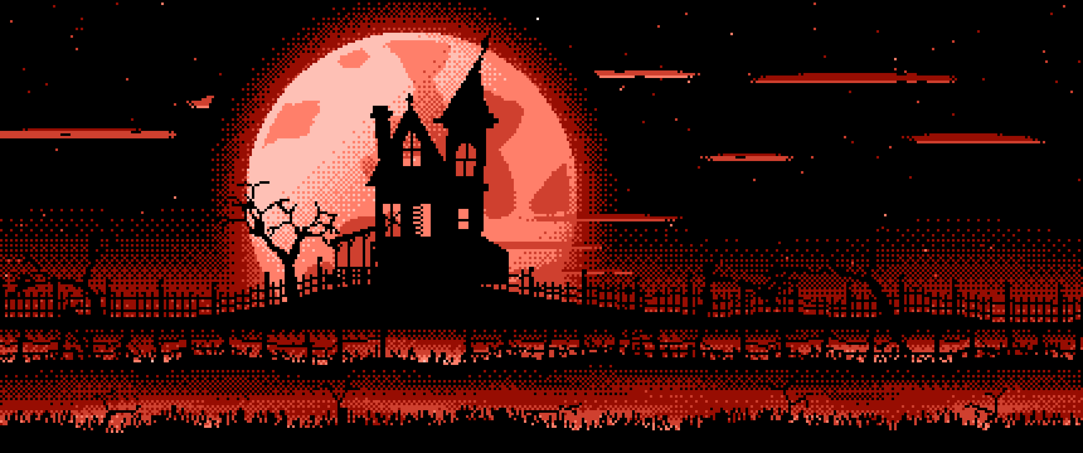 Coral Pixel Art Haunted House and Full Moon ultrawide wallpaper, 3440 × 1440