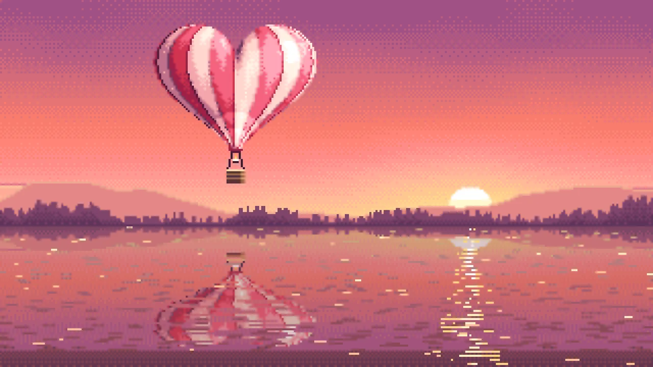 Coral Pixel Art Heart Hot Air Balloon Over a Lake at Sunset desktop wallpaper in 4K
