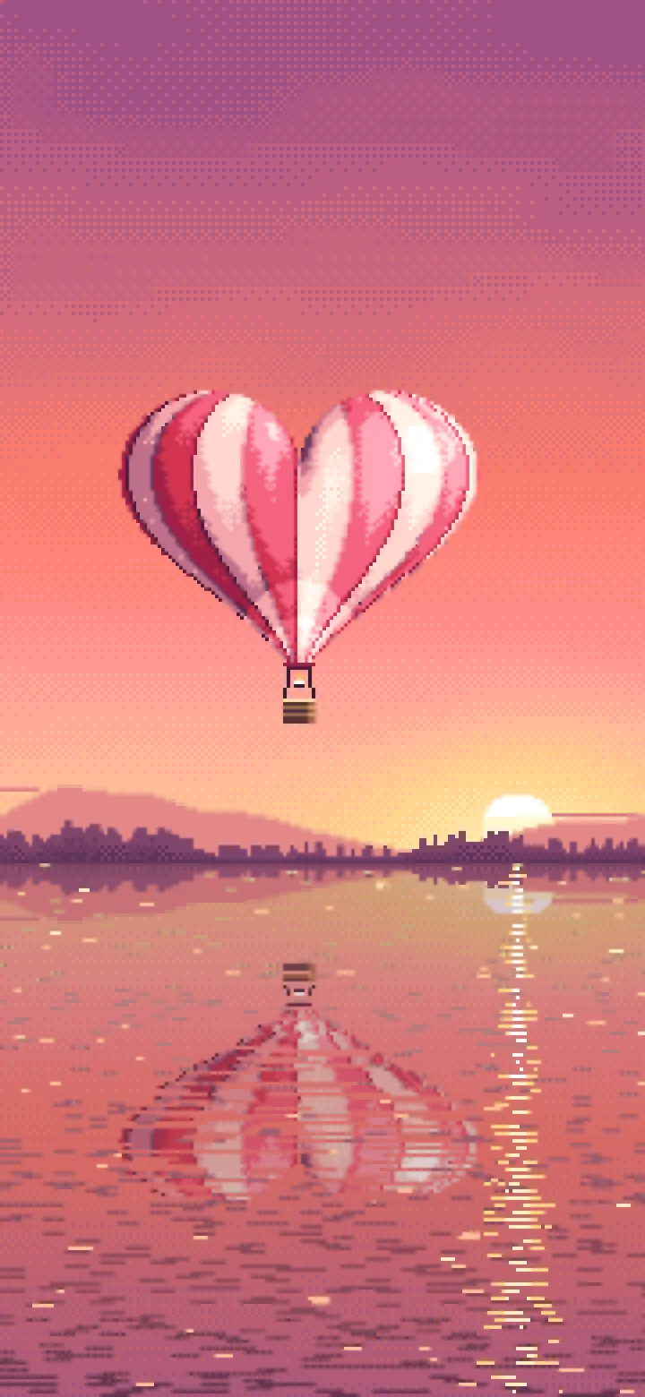 Coral Pixel Art Heart Hot Air Balloon Over a Lake at Sunset wallpaper for iPhone and Android